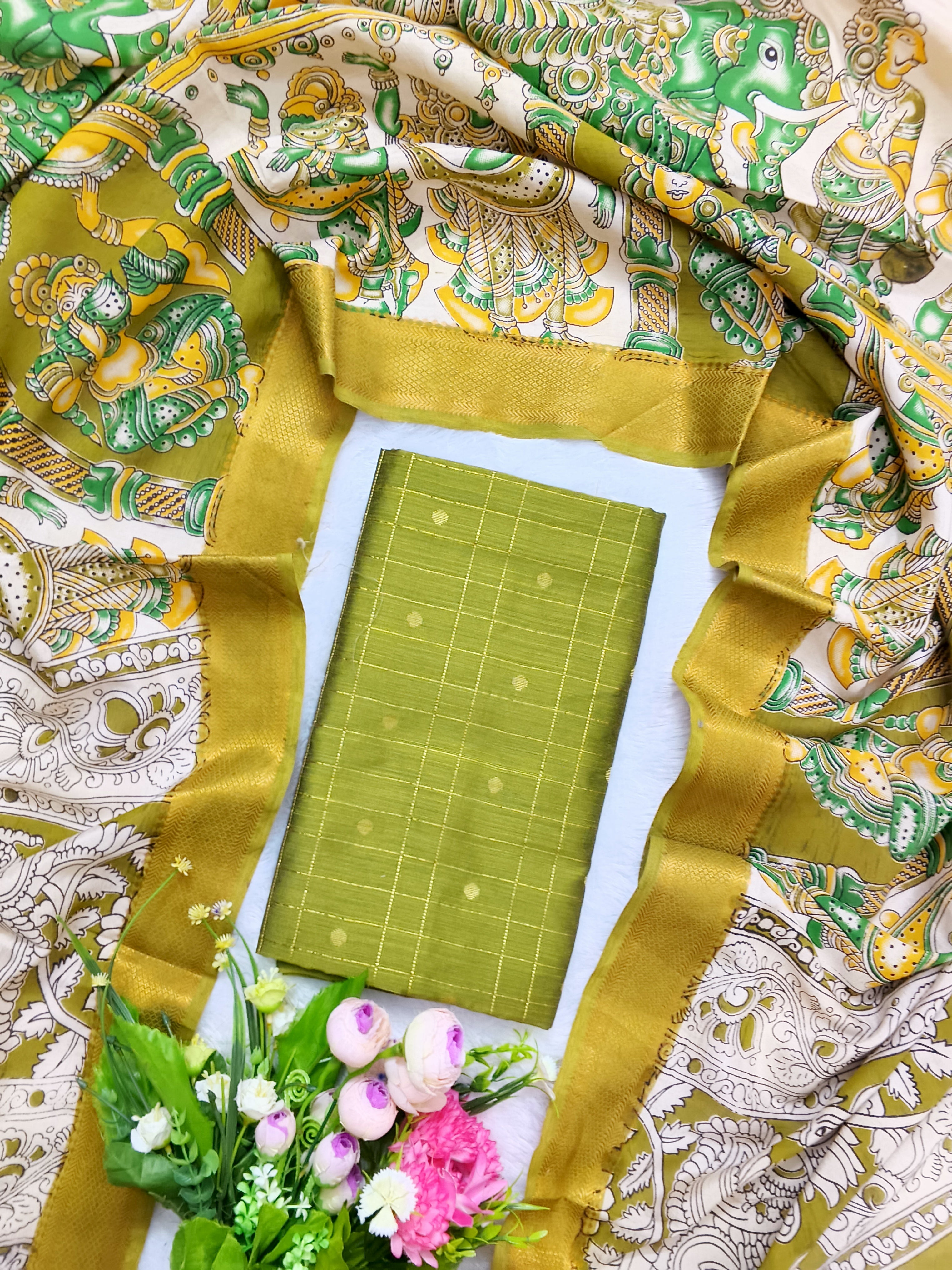 Olive Green & Mustard Gold Chennuri Silk Nizam Border Dupatta with Raw Silk Top – 2-Piece Set