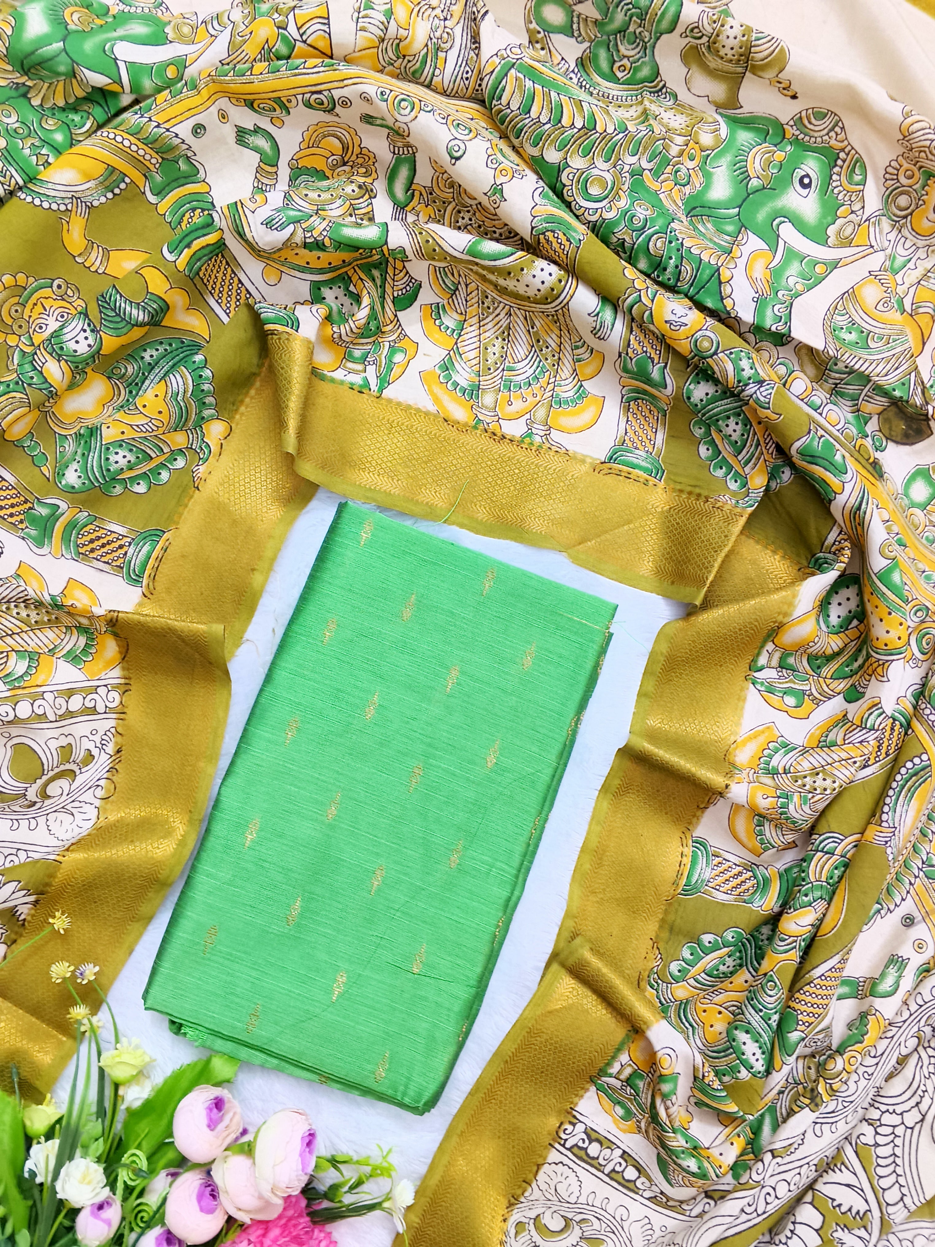 Pista Green & Gold Chennuri Silk Nizam Border Dupatta with Raw Silk Top – 2-Piece Set