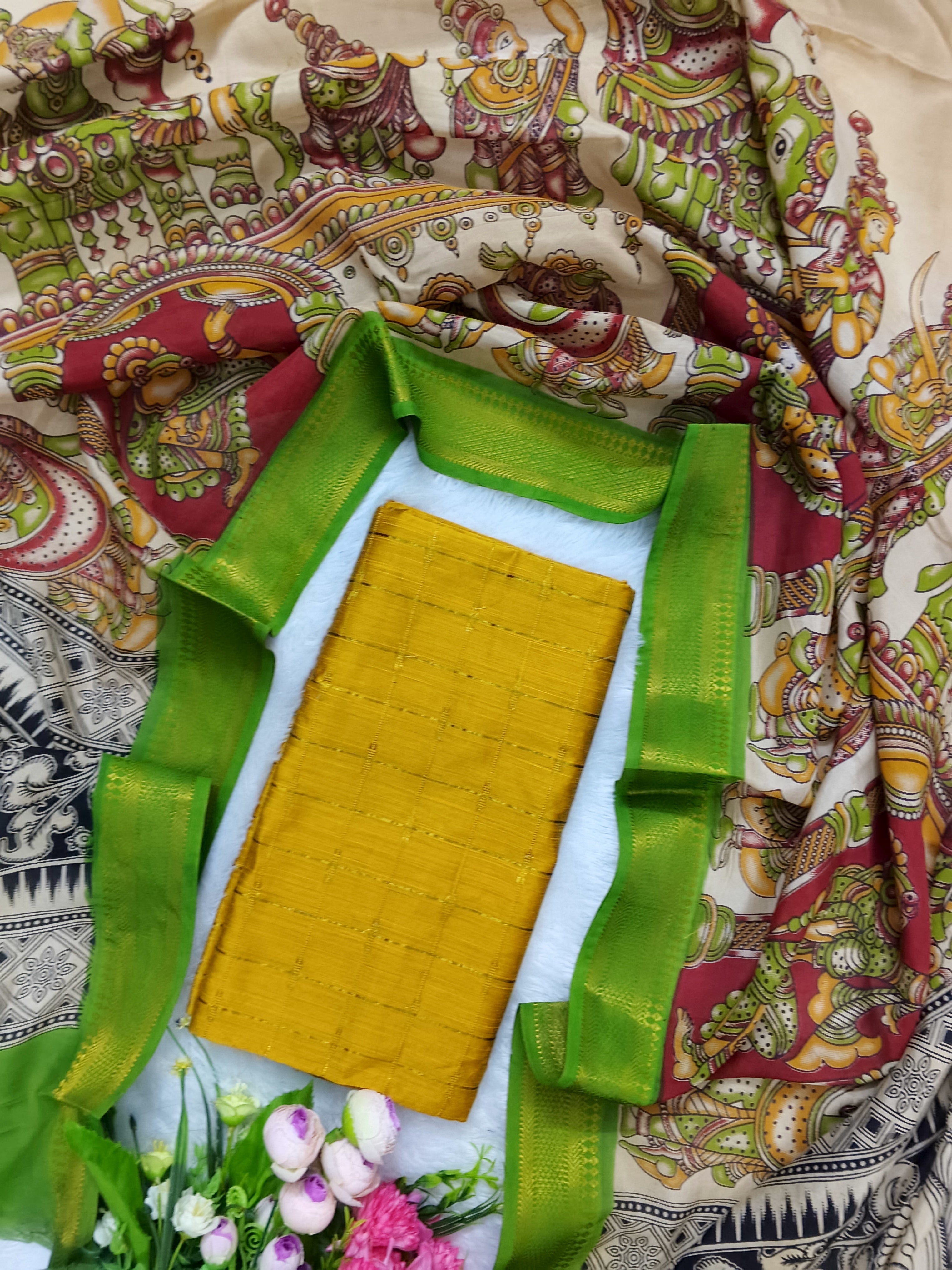 Mustard Yellow & Green Chennuri Silk Nizam Border Dupatta with Raw Silk Top – 2-Piece Set
