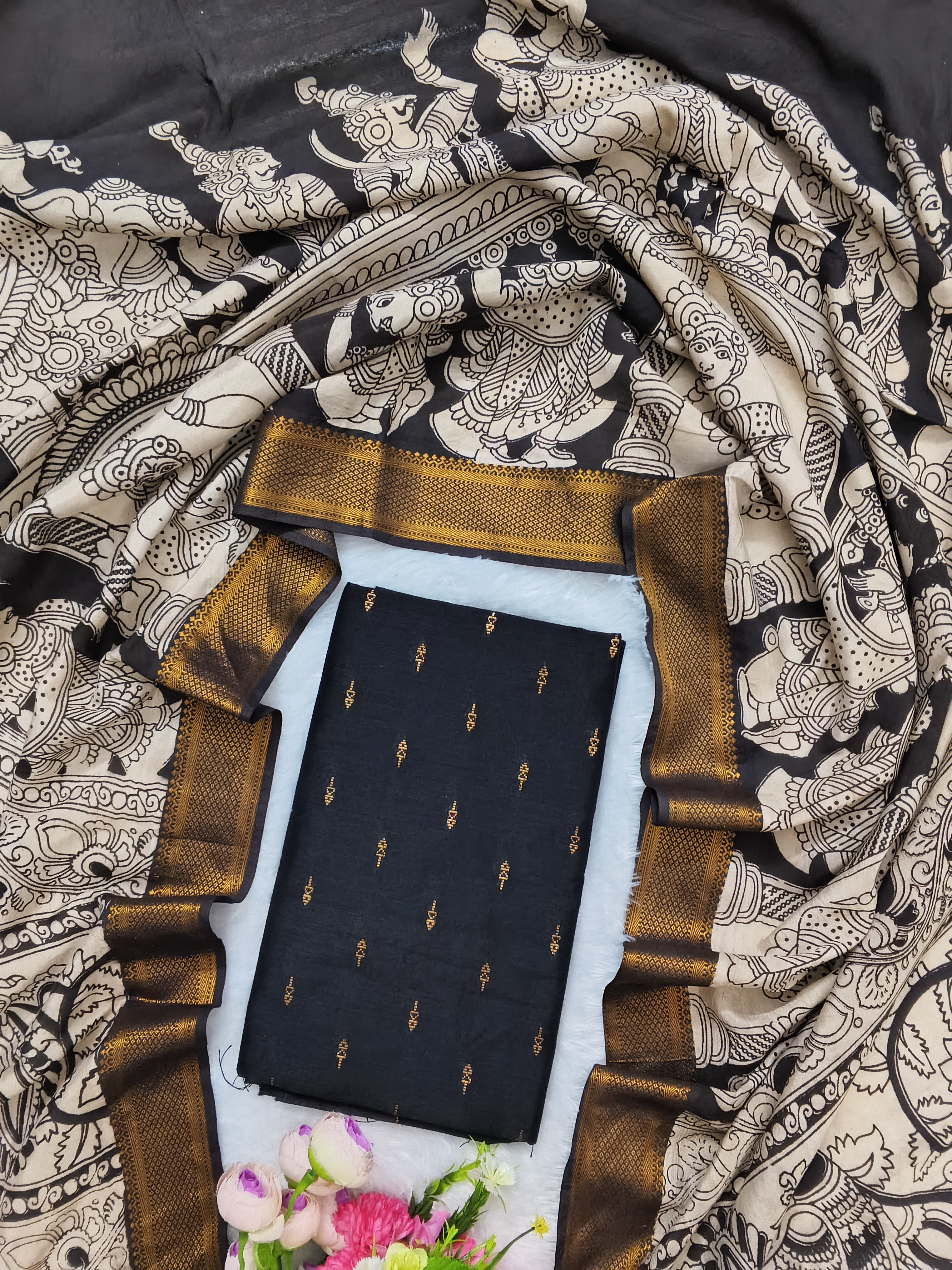 Black & Antique Gold Chennuri Silk Nizam Border Dupatta with Raw Silk Top – 2-Piece Set