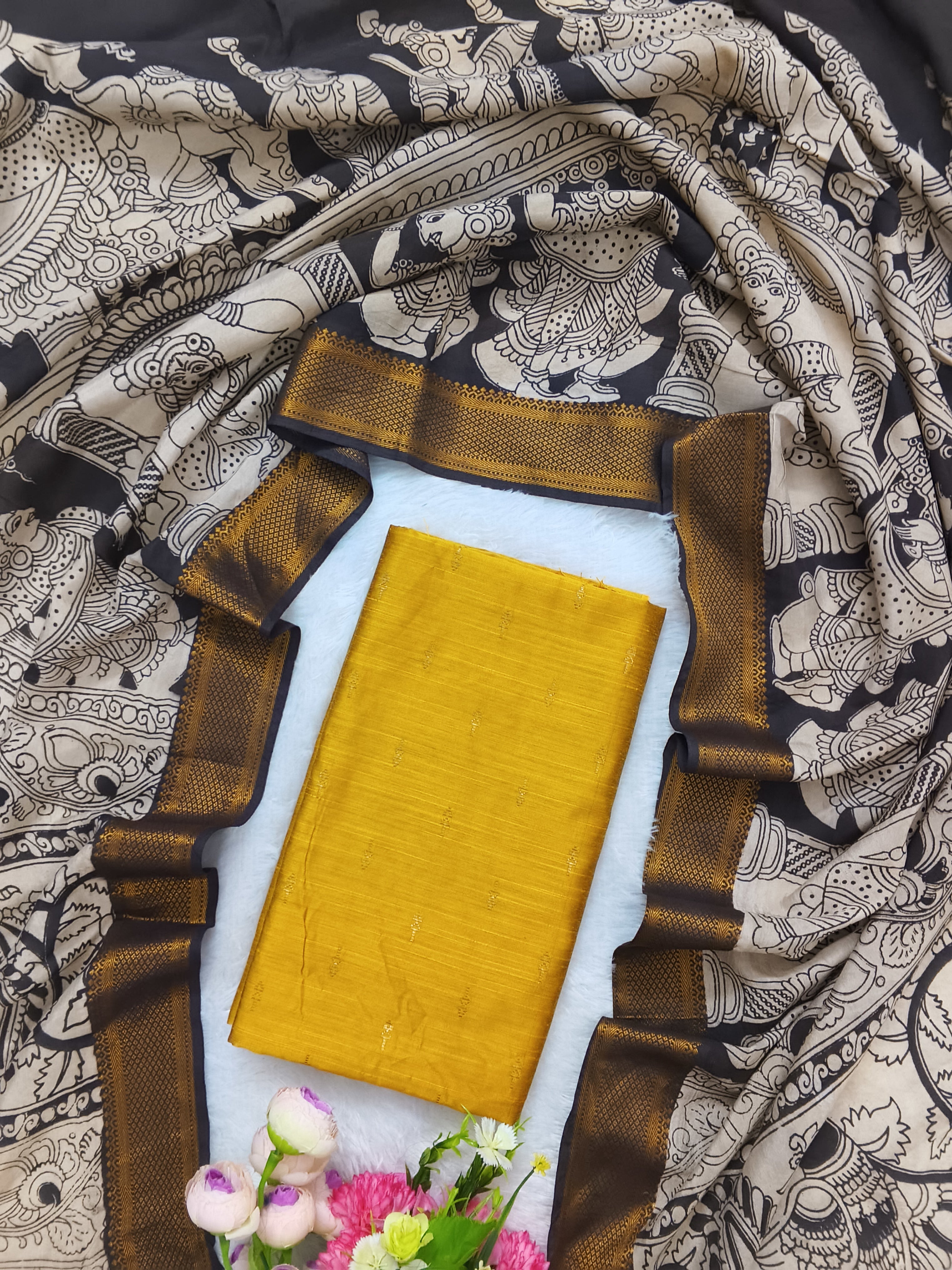 Mustard Yellow & Black Chennuri Silk Nizam Border Dupatta with Raw Silk Top – 2-Piece Set
