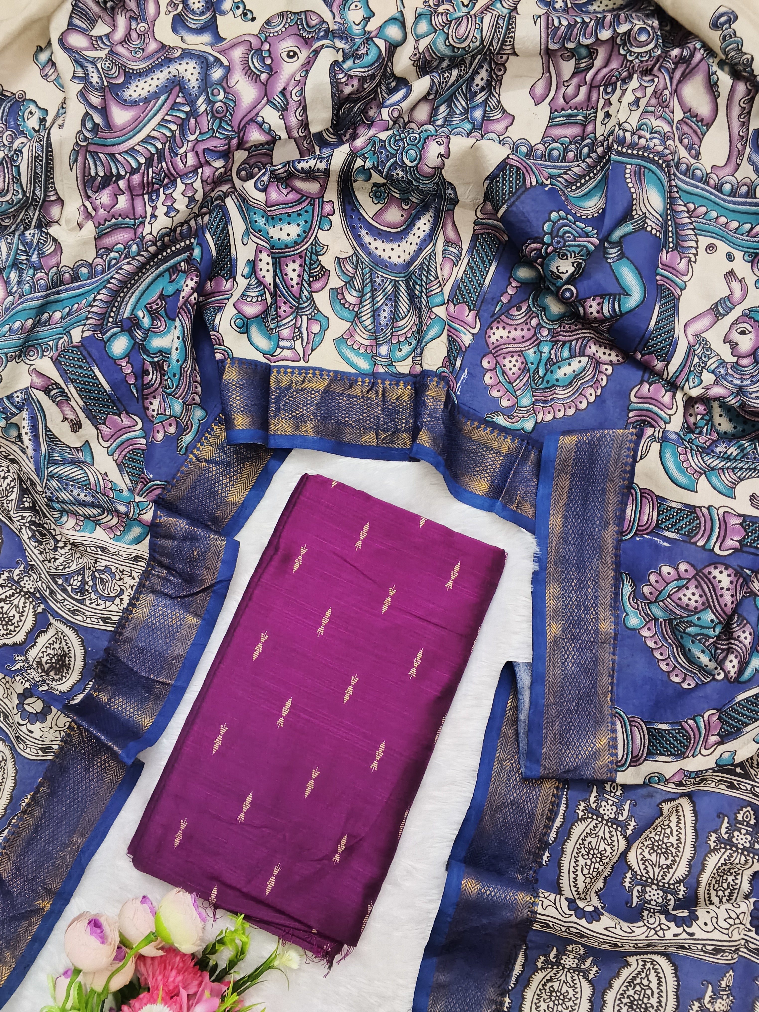 Purple & Blue Chennuri Silk Nizam Border Dupatta with Raw Silk Top – 2-Piece Set