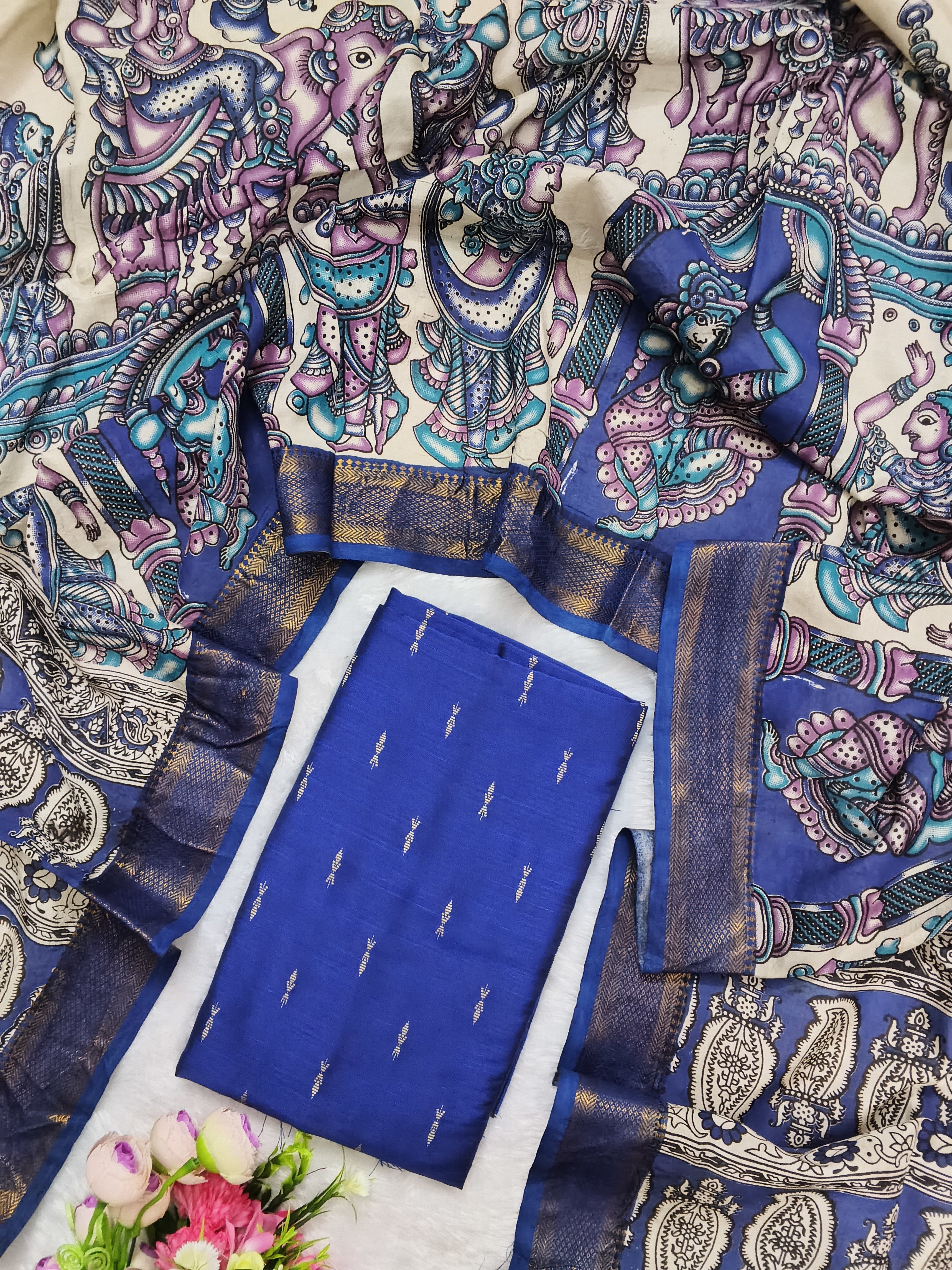 Blue Chennuri Silk Nizam Border Dupatta with Raw Silk Top – 2-Piece Set