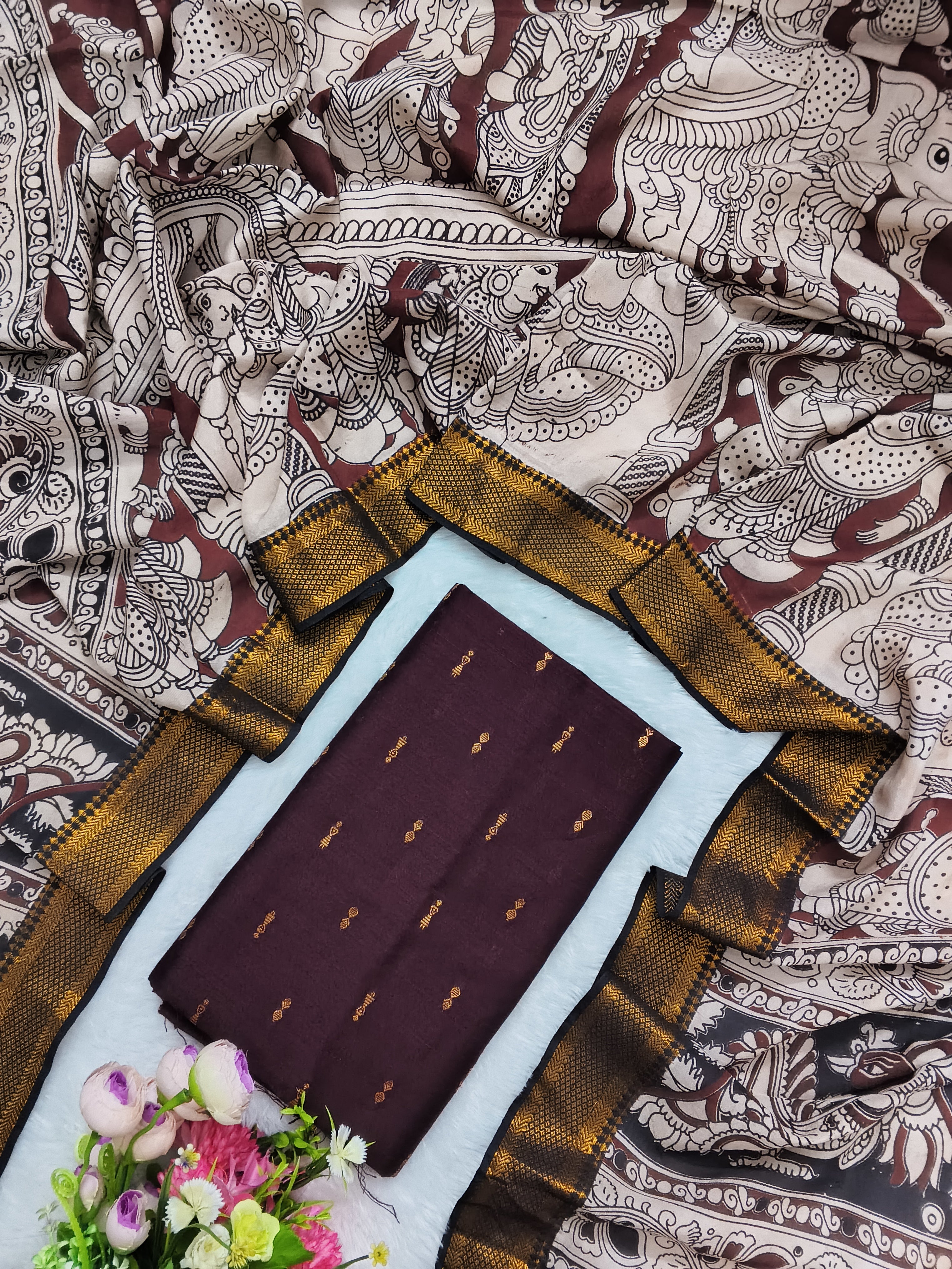 Brown Chennuri Silk Nizam Border Dupatta with Raw Silk Top – 2-Piece Set