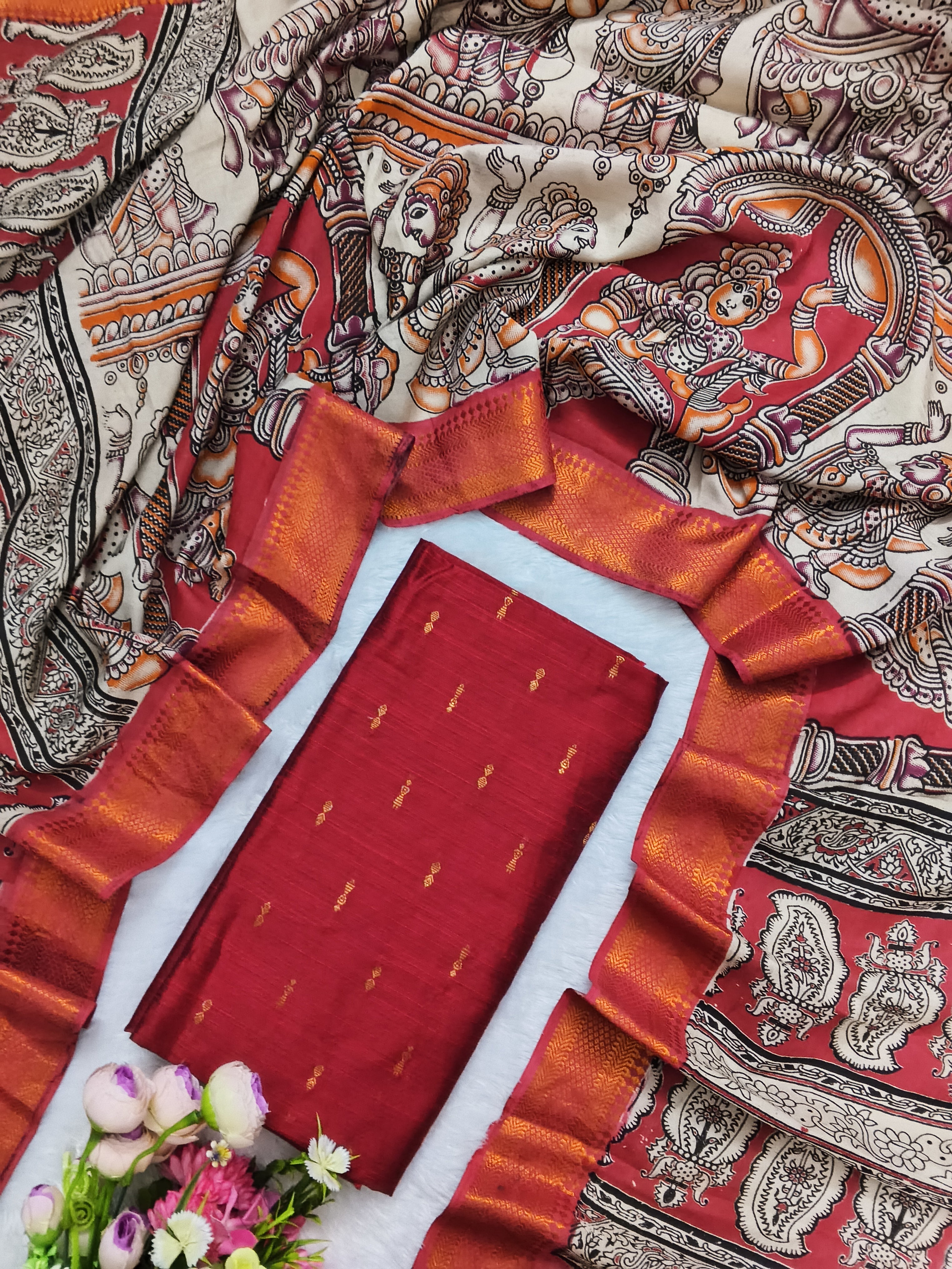 Red Chennuri Silk Nizam Border Dupatta with Raw Silk Top – 2-Piece Set