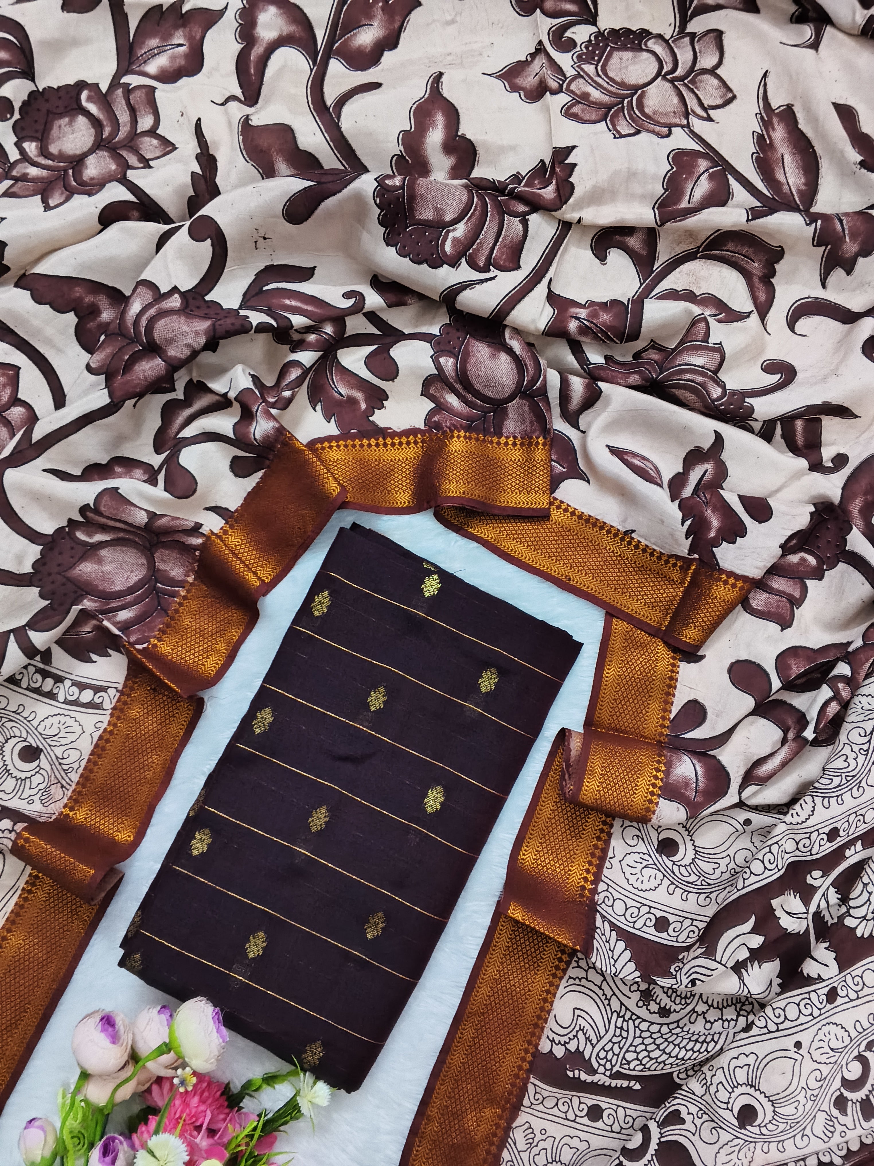 Black & Copper Gold Chennuri Silk Nizam Border Dupatta with Raw Silk Top – 2-Piece Set
