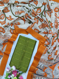 Olive Green & Orange Chennuri Silk Nizam Border Dupatta with Raw Silk Top – 2-Piece Set
