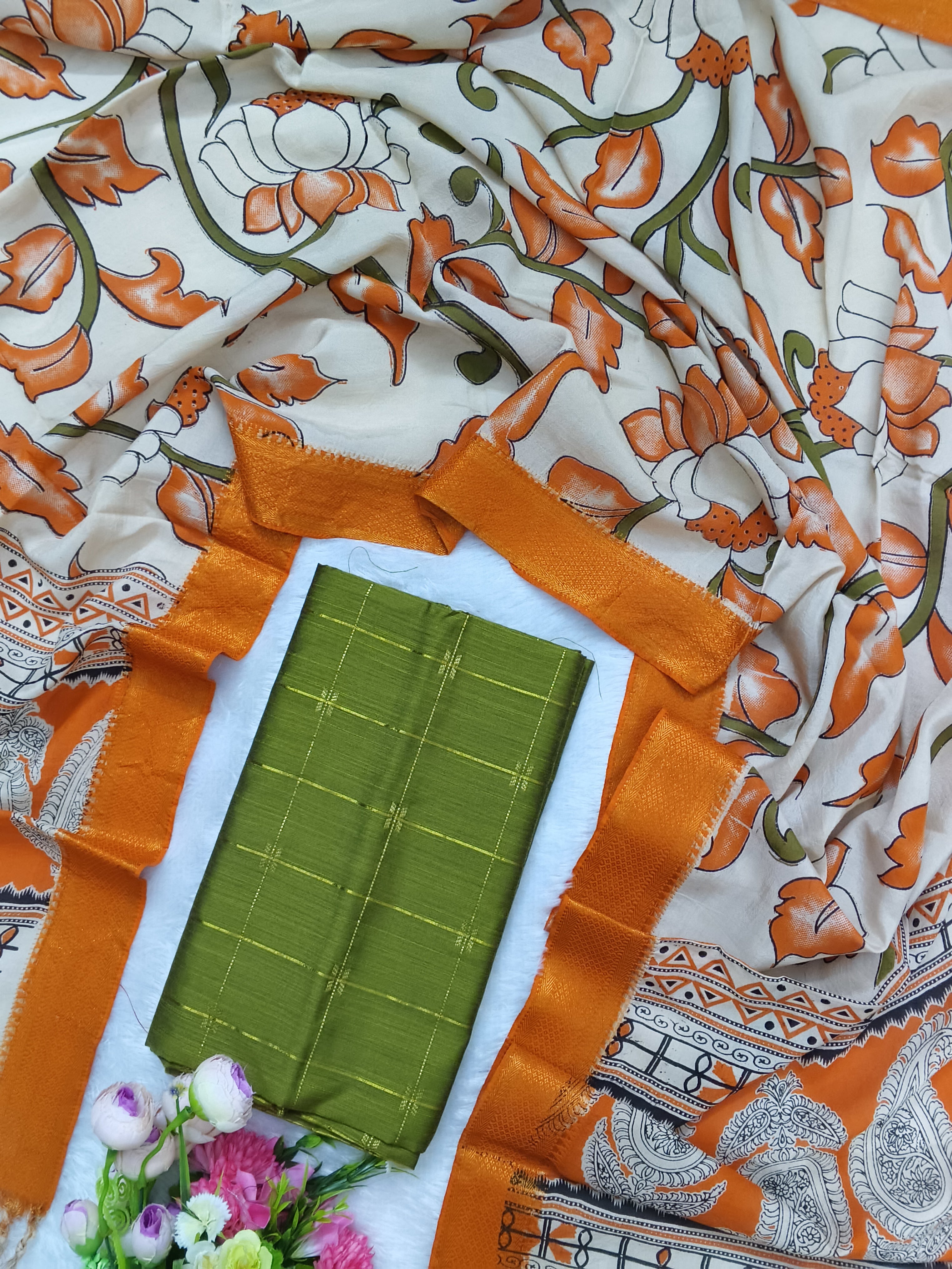 Olive Green & Orange Chennuri Silk Nizam Border Dupatta with Raw Silk Top – 2-Piece Set