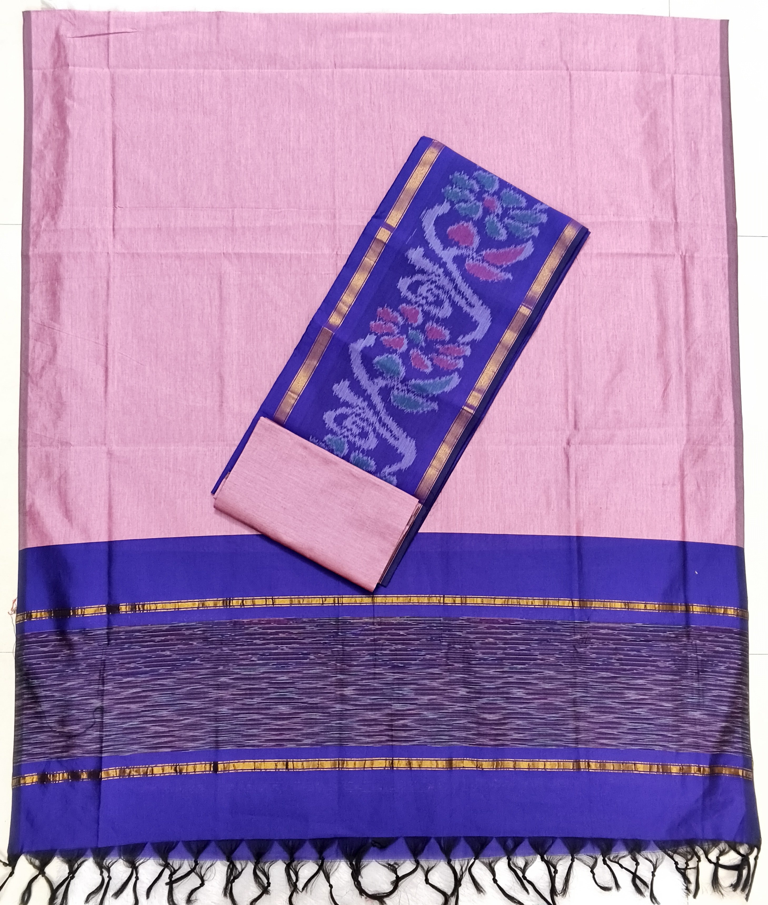 Baby Pink & Royal Blue Pochampally SiCo Silk – 3-Piece Set