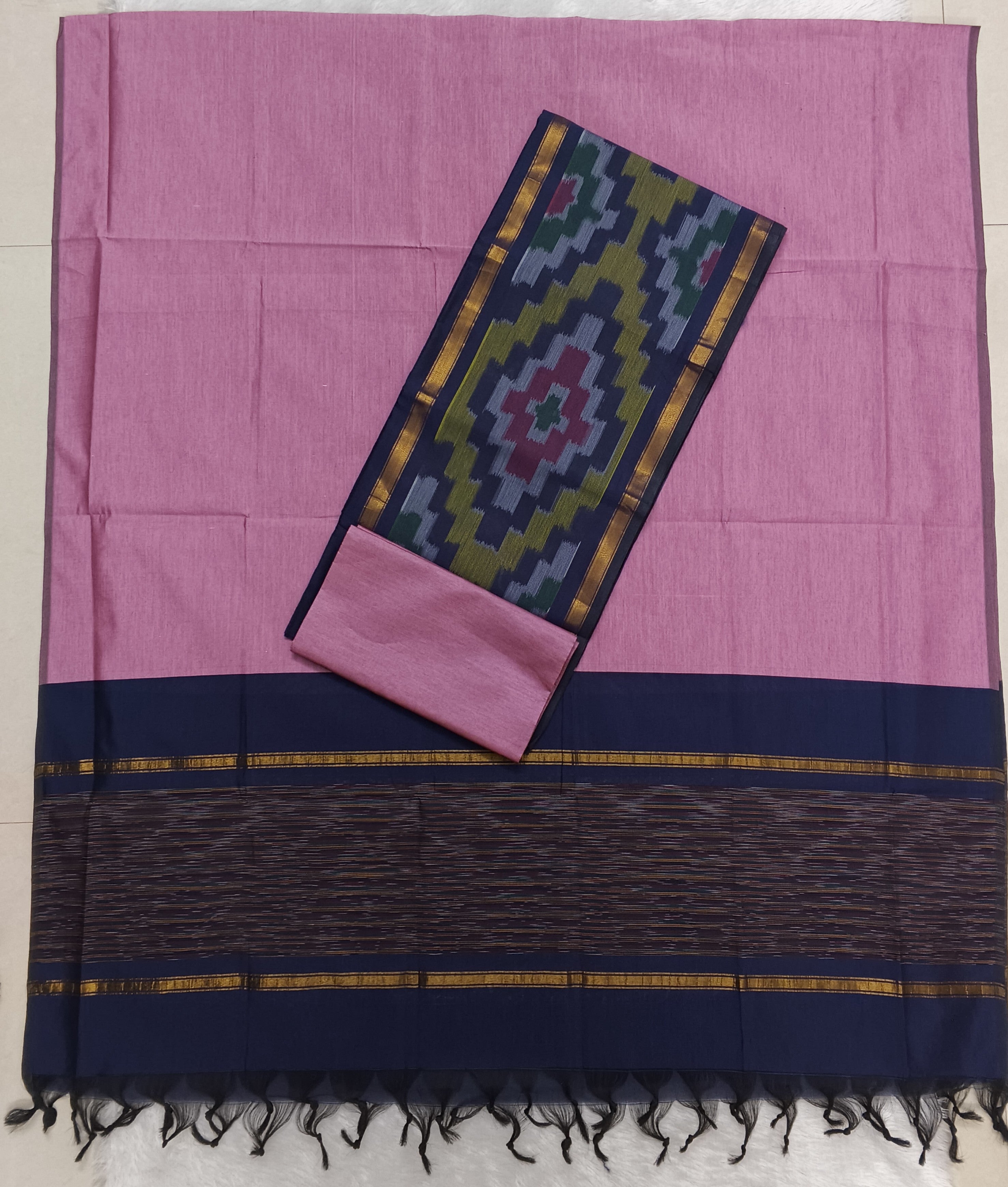 Pink & Blue Pochampally SiCo Silk – 3-Piece Set