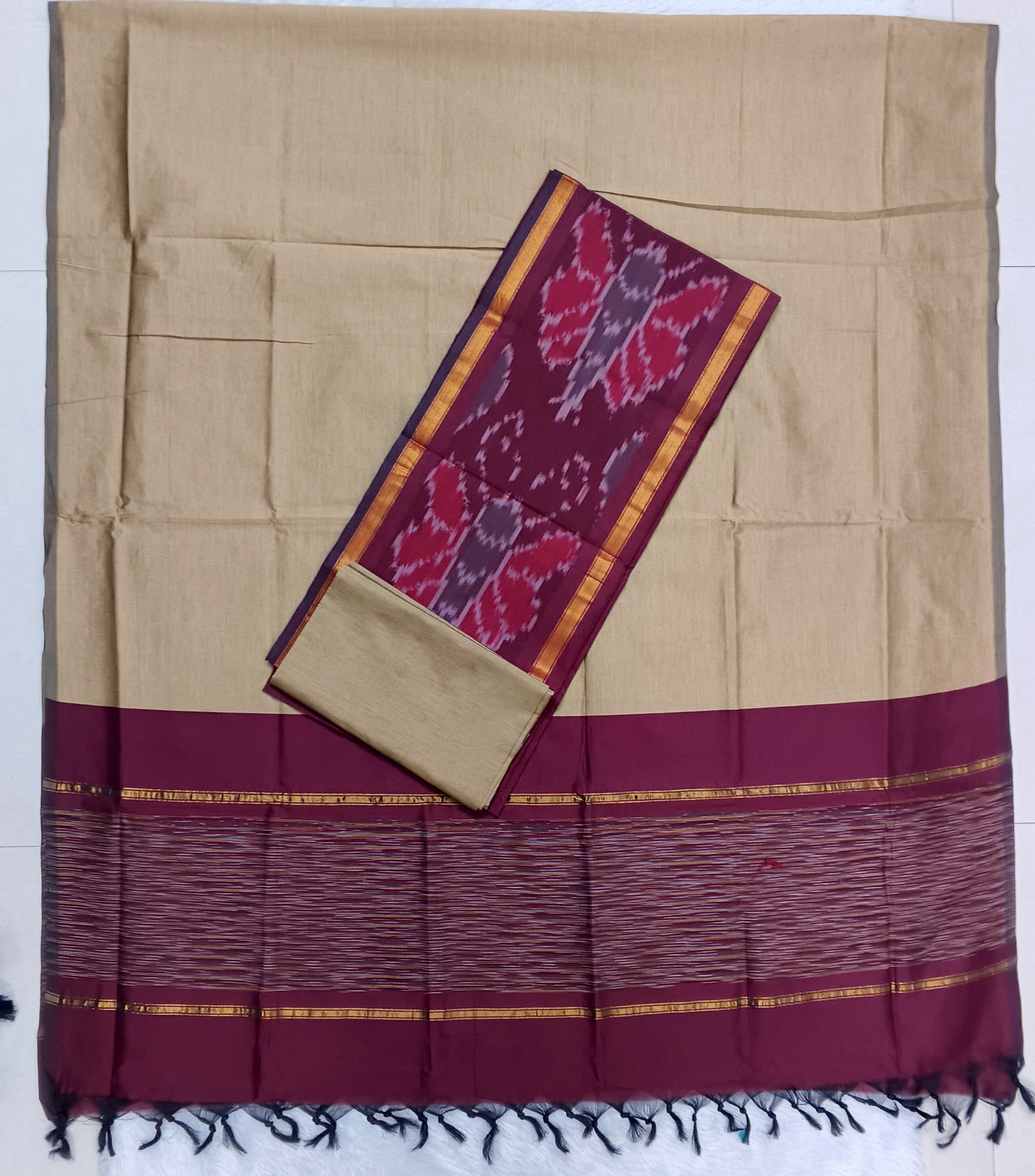 Beige & Purple Pochampally SiCo Silk – 3-Piece Set