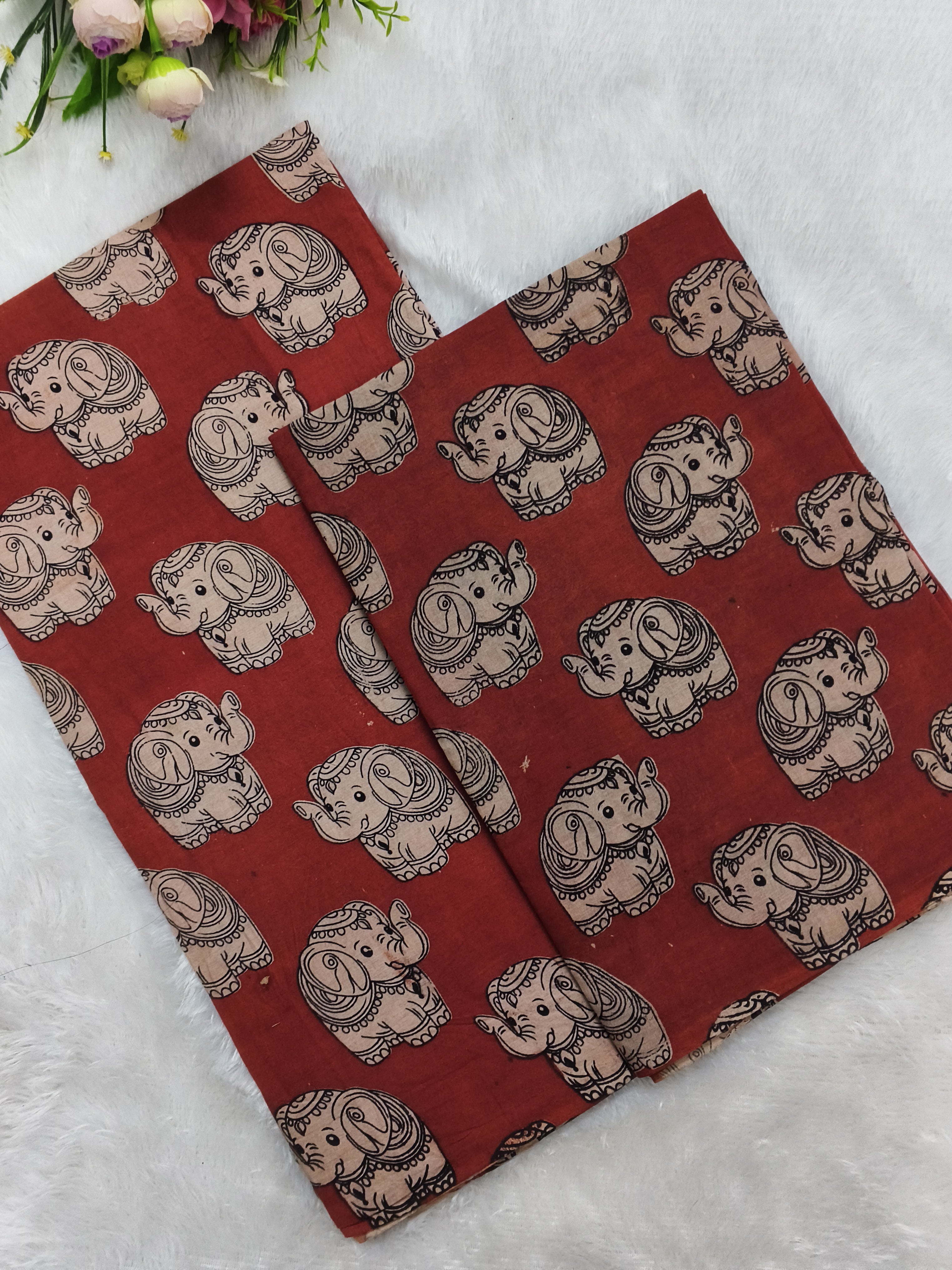 Maroon Baby Elephant Kalamkari Design – 2 Piece Set