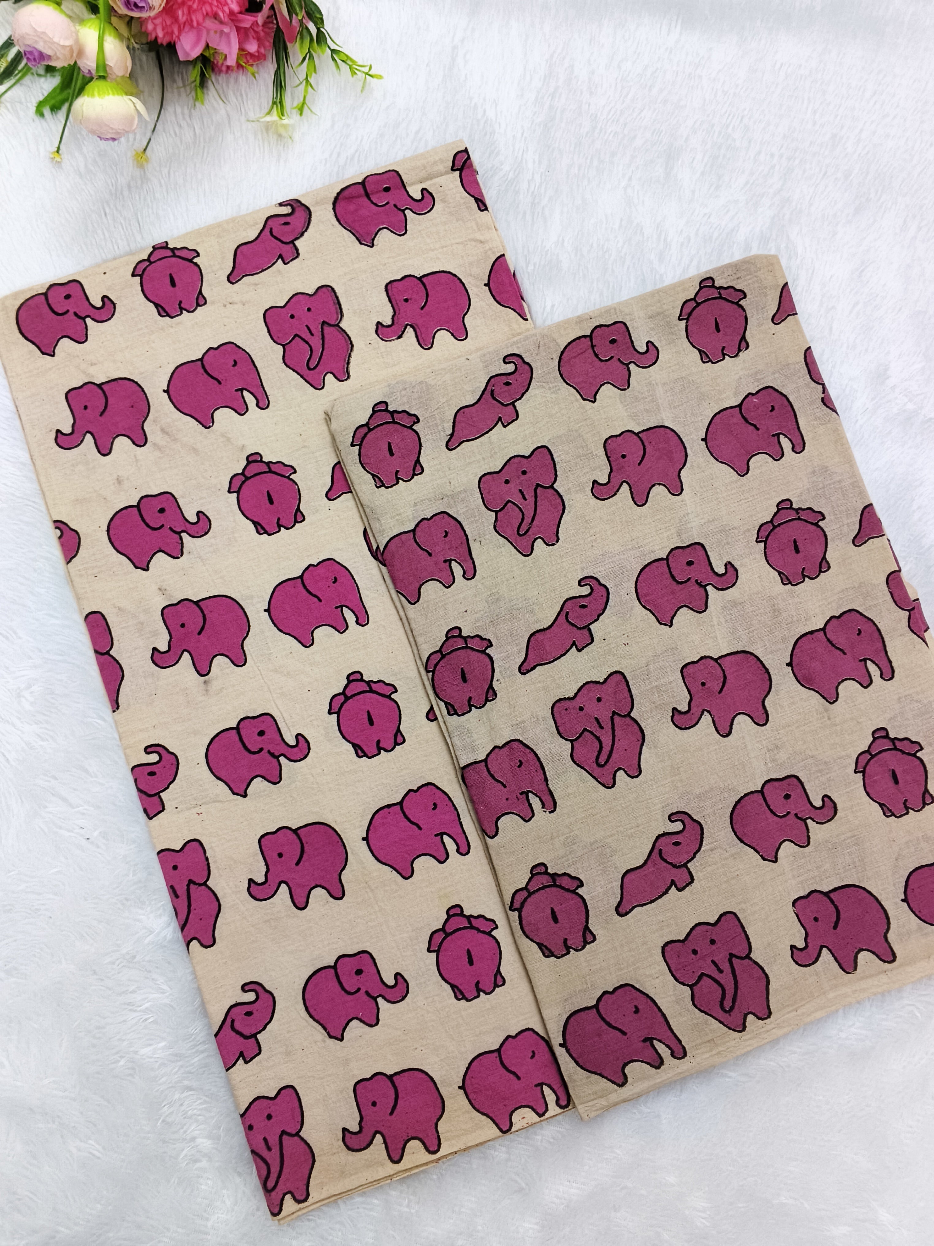 Beige & Pink Baby Elephant Kalamkari Design – 2-Piece Set