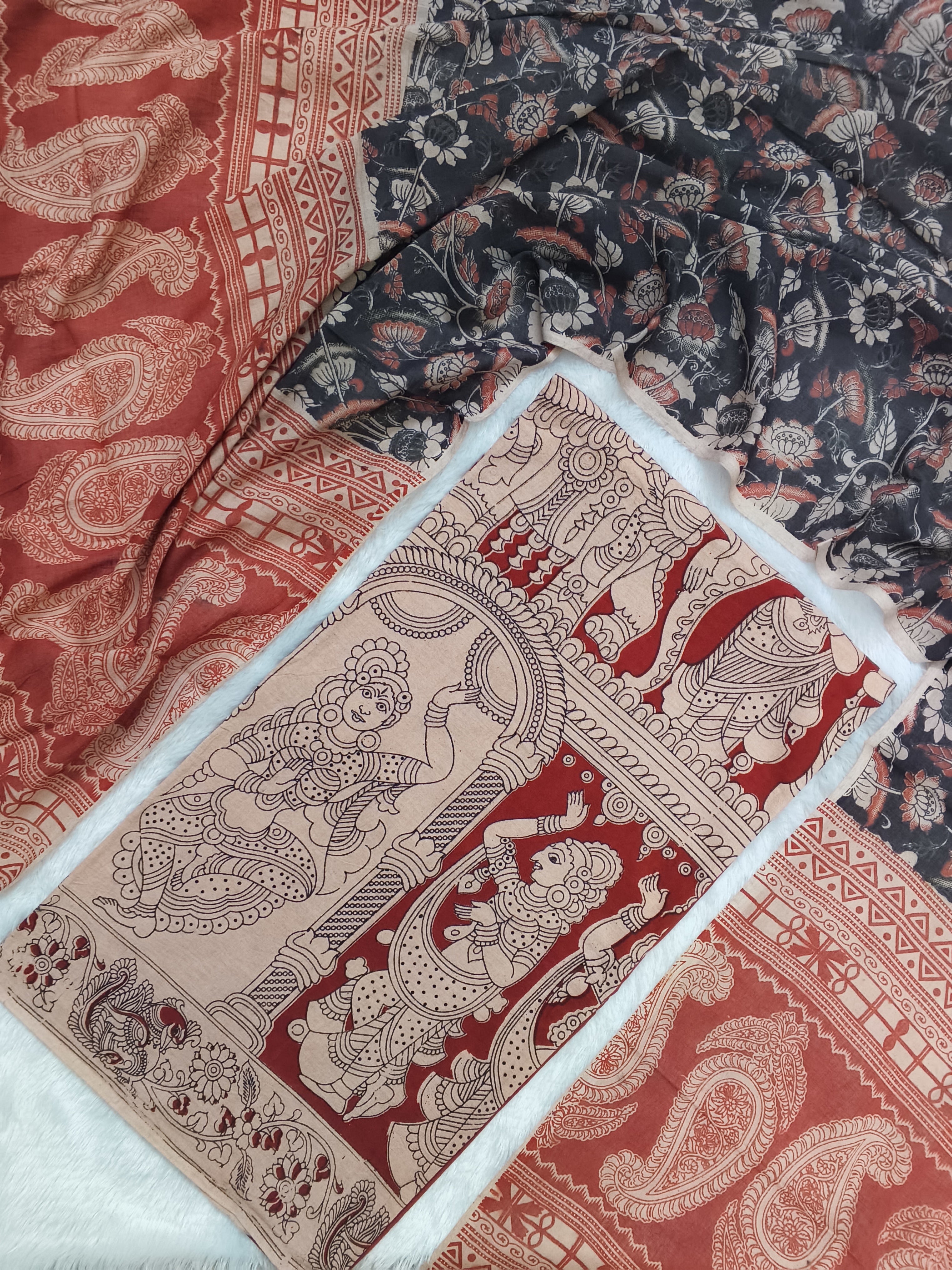 cotton kalamkari 2 piece set marron top with black floral desig duppata