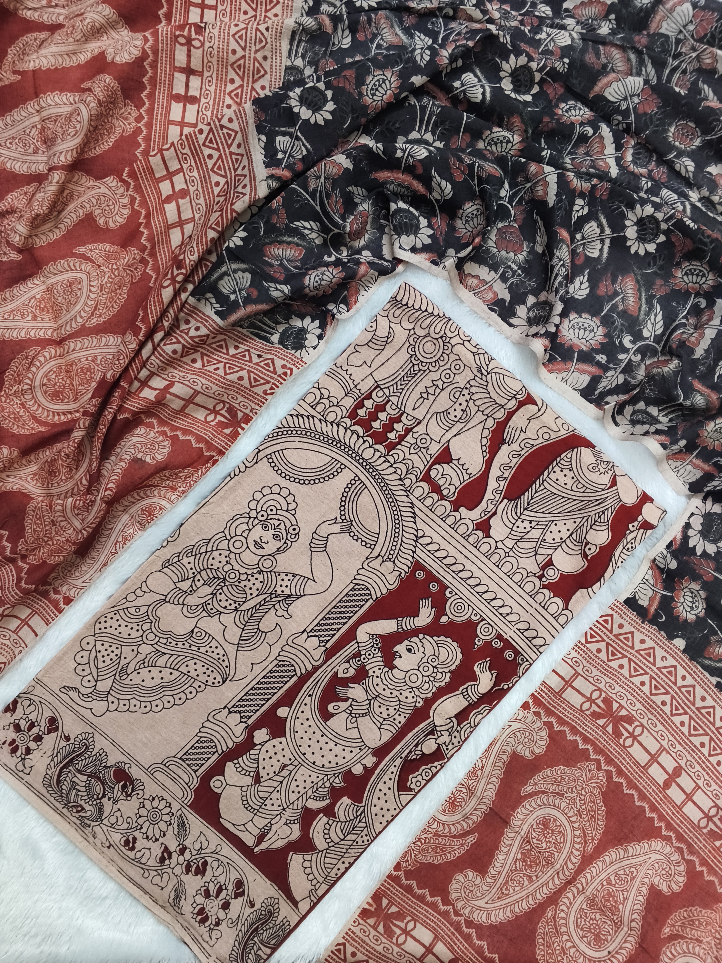 cotton kalamkari 2 piece set marron top with black floral design duppta