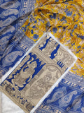 cotton kalamkari 2 piece set royal blue top with yellow floral design duppata