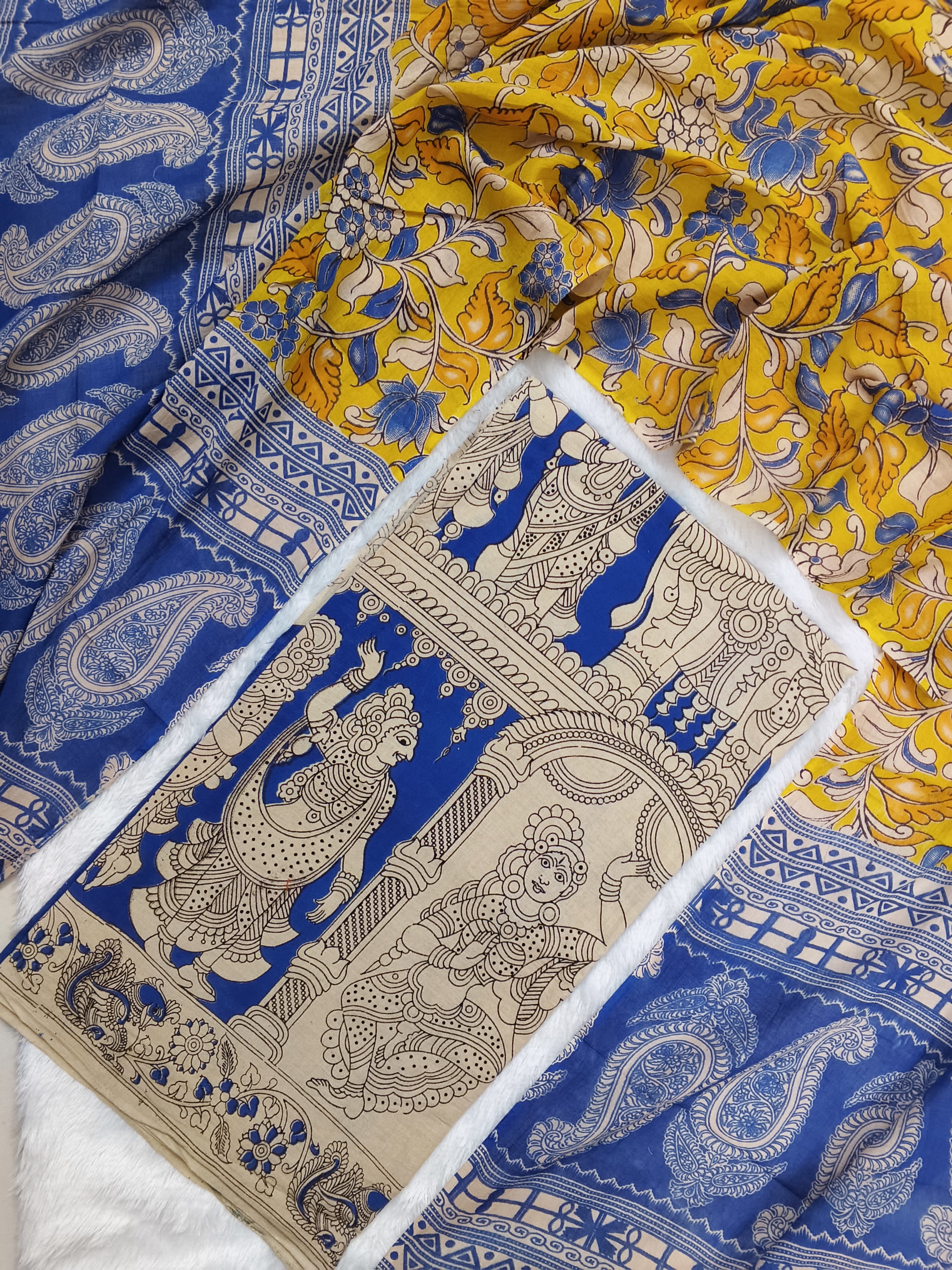 cotton kalamkari 2 piece set royal blue top with yellow floral design duppata