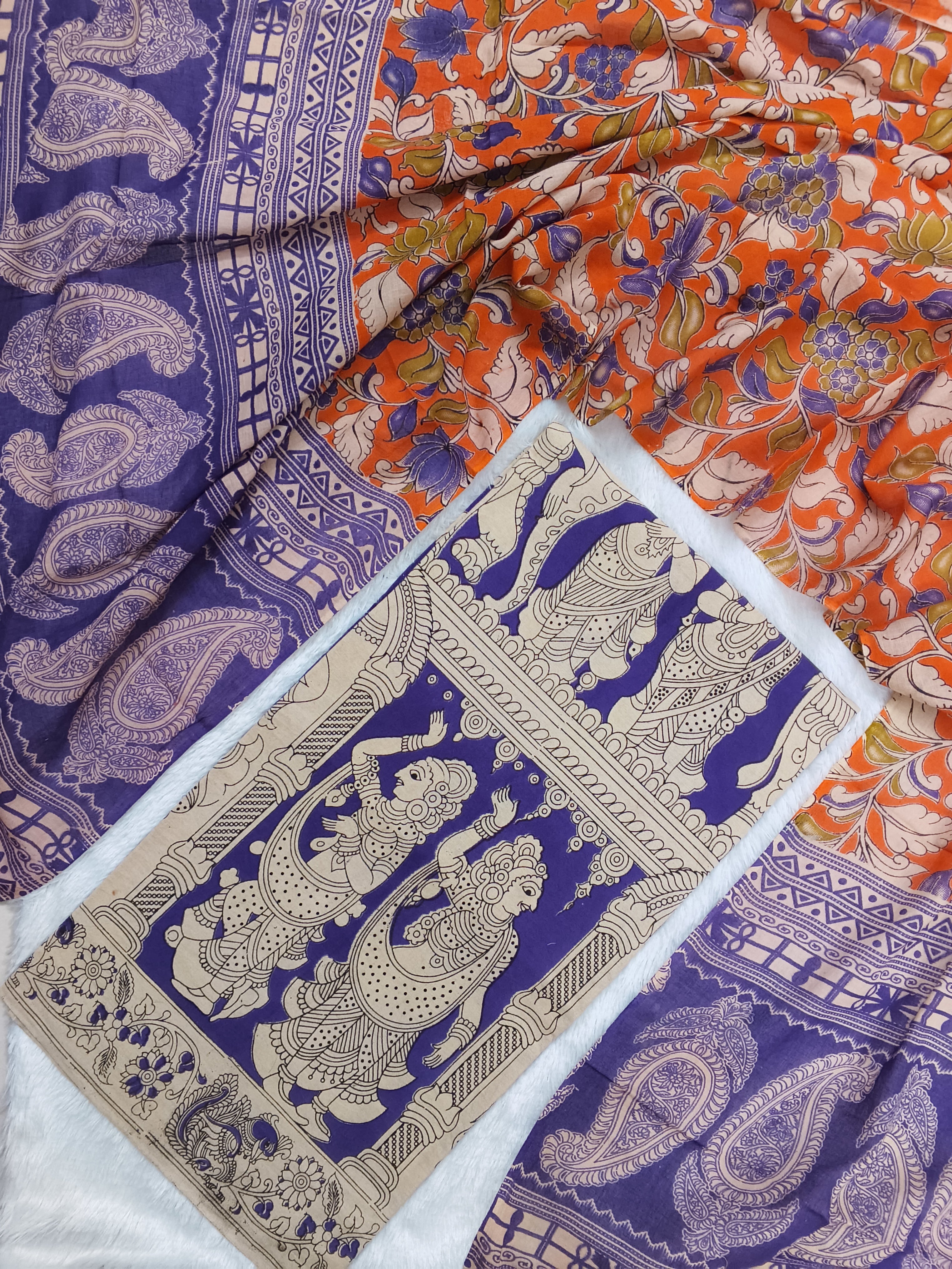 cotton kalamkari 2 piece set purple top with orange floral design duppata