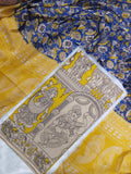 cotton kalamkari 2 piece set kalahasthi print yellow top with royal blue floral design duppata