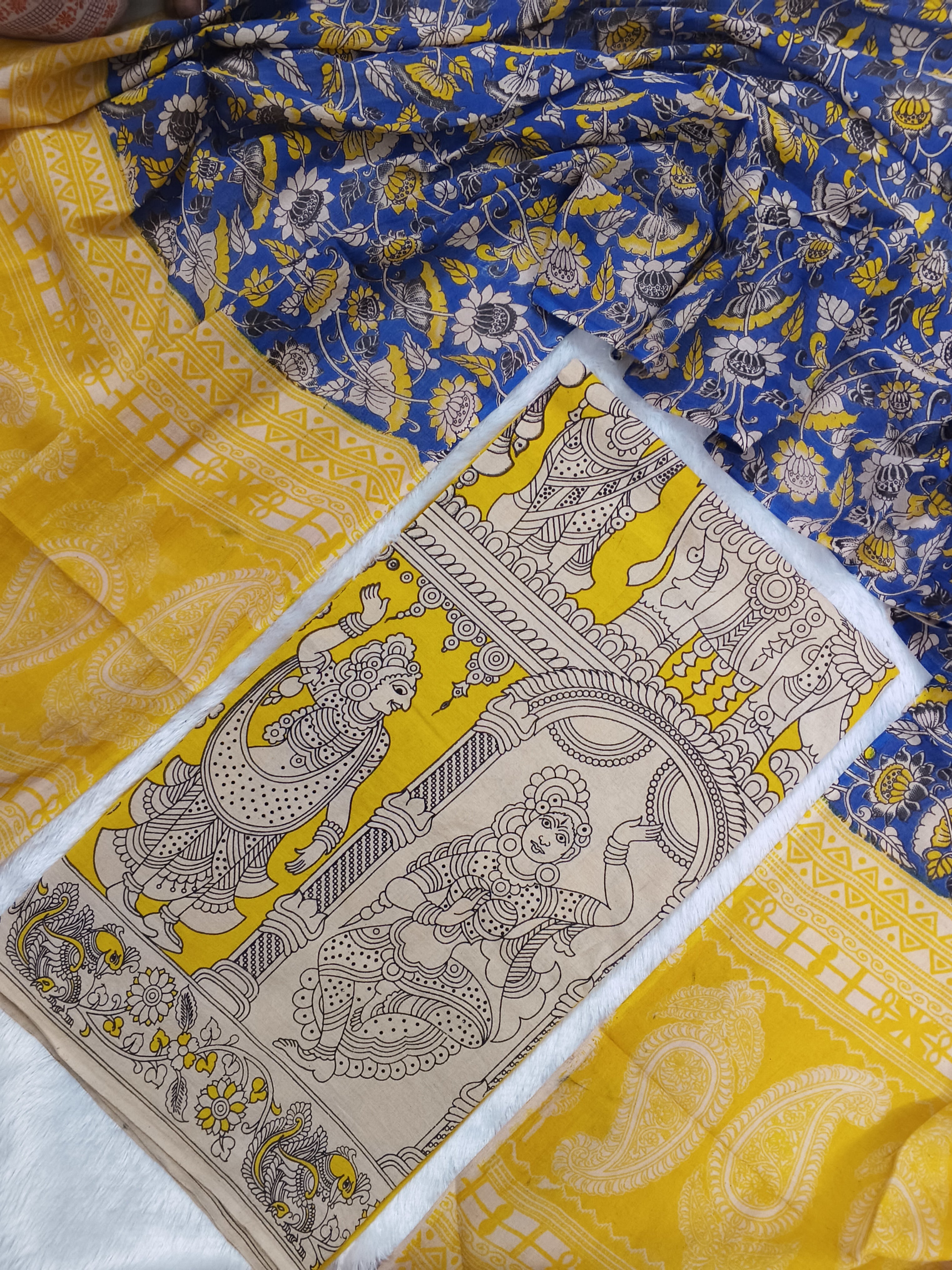 cotton kalamkari 2 piece set kalahasthi print yellow top with royal blue floral design duppata