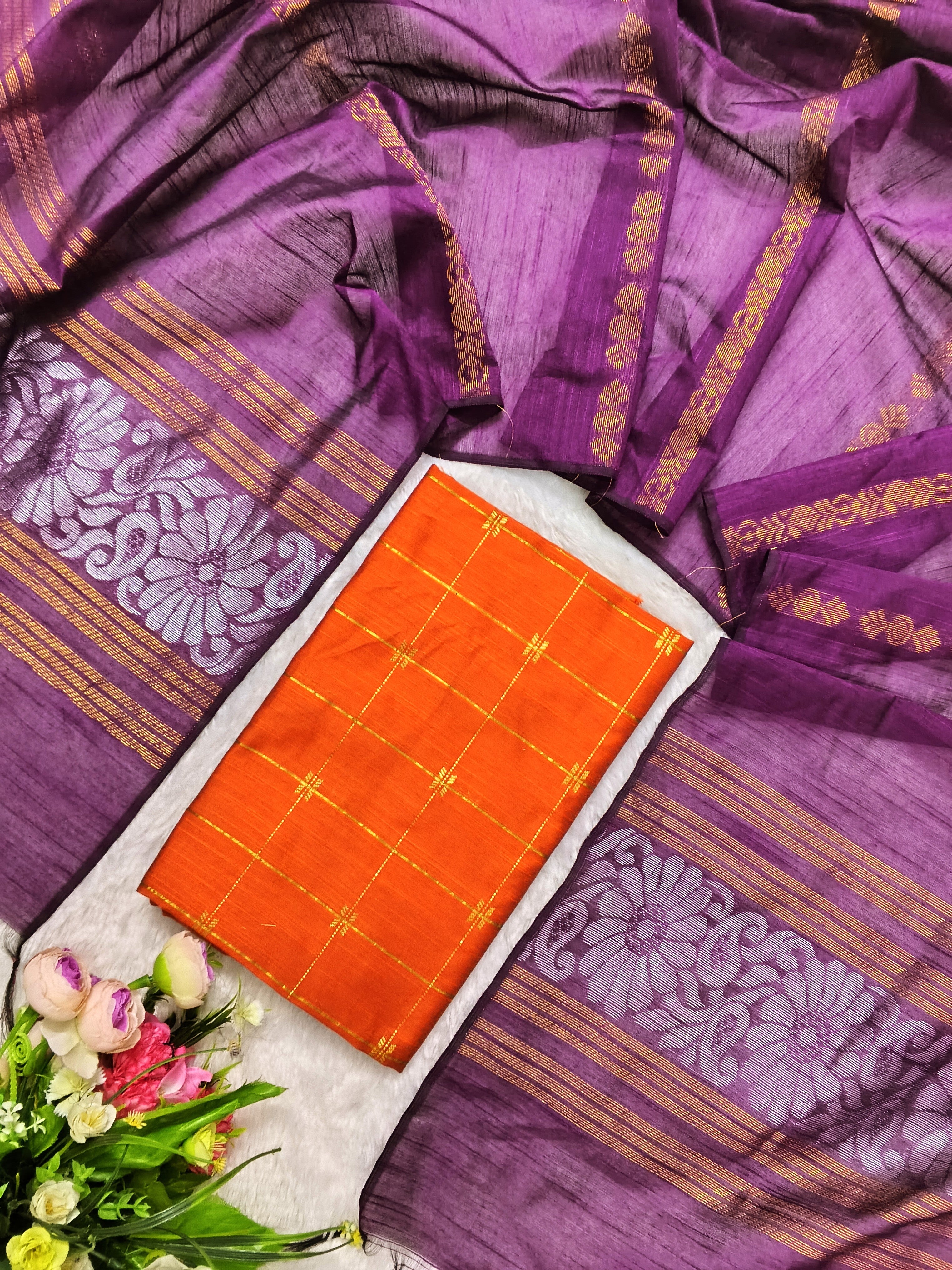 orange raw silk top with wine jamdhani duppata