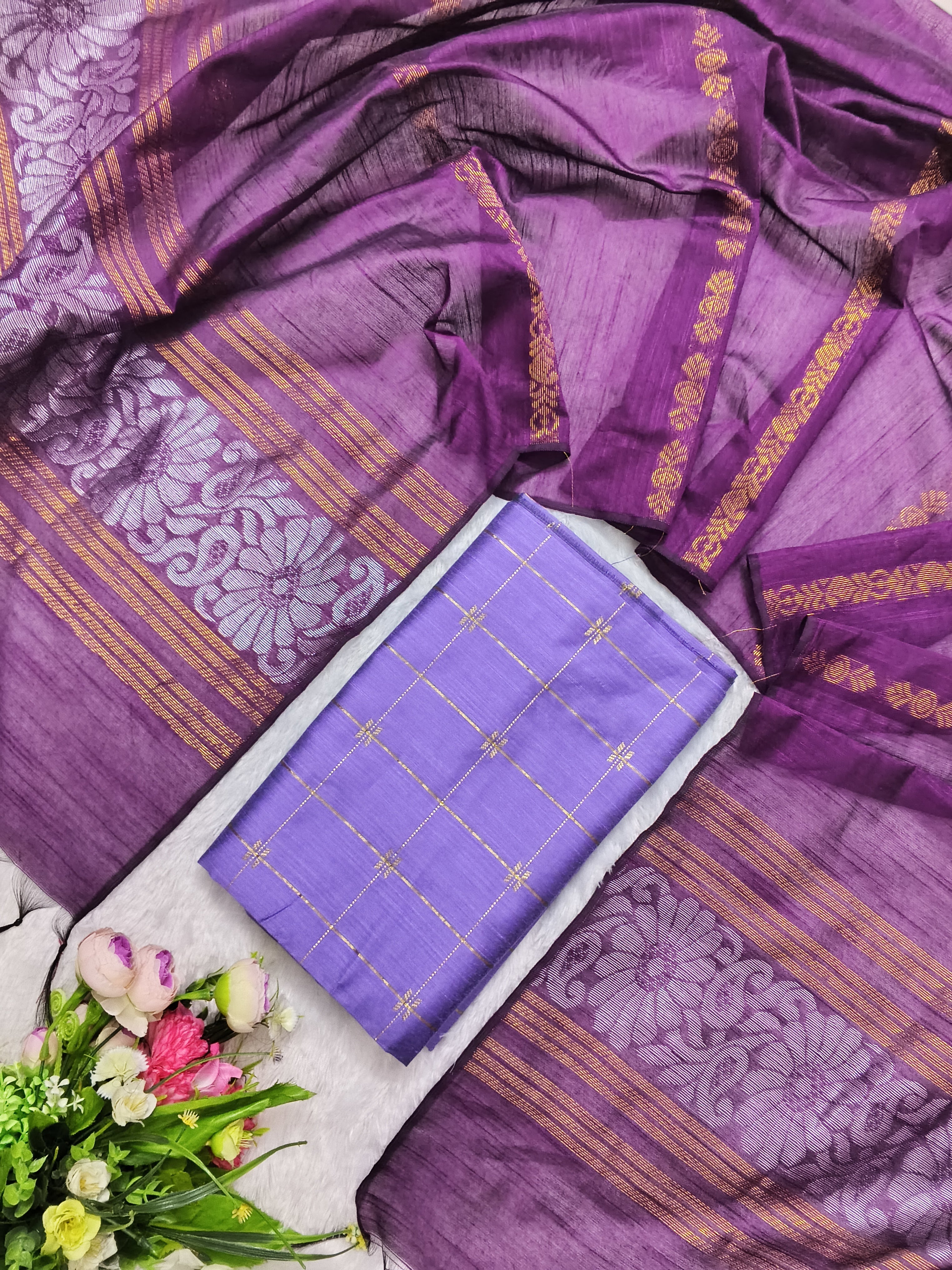 lavendor raw silk top with wine jamdhani duppata