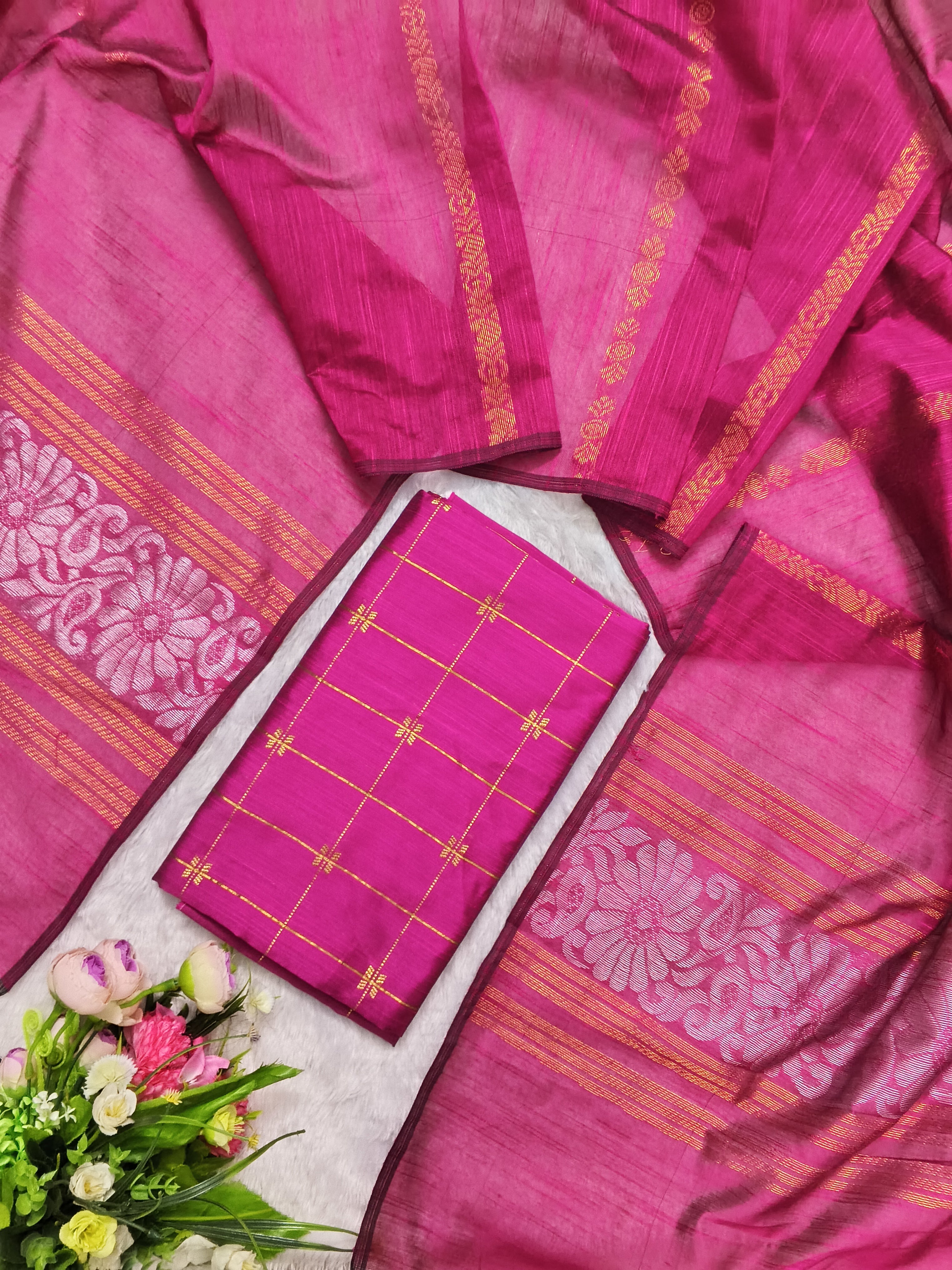rani pink raw silk top with rani pink jamdhani duppata