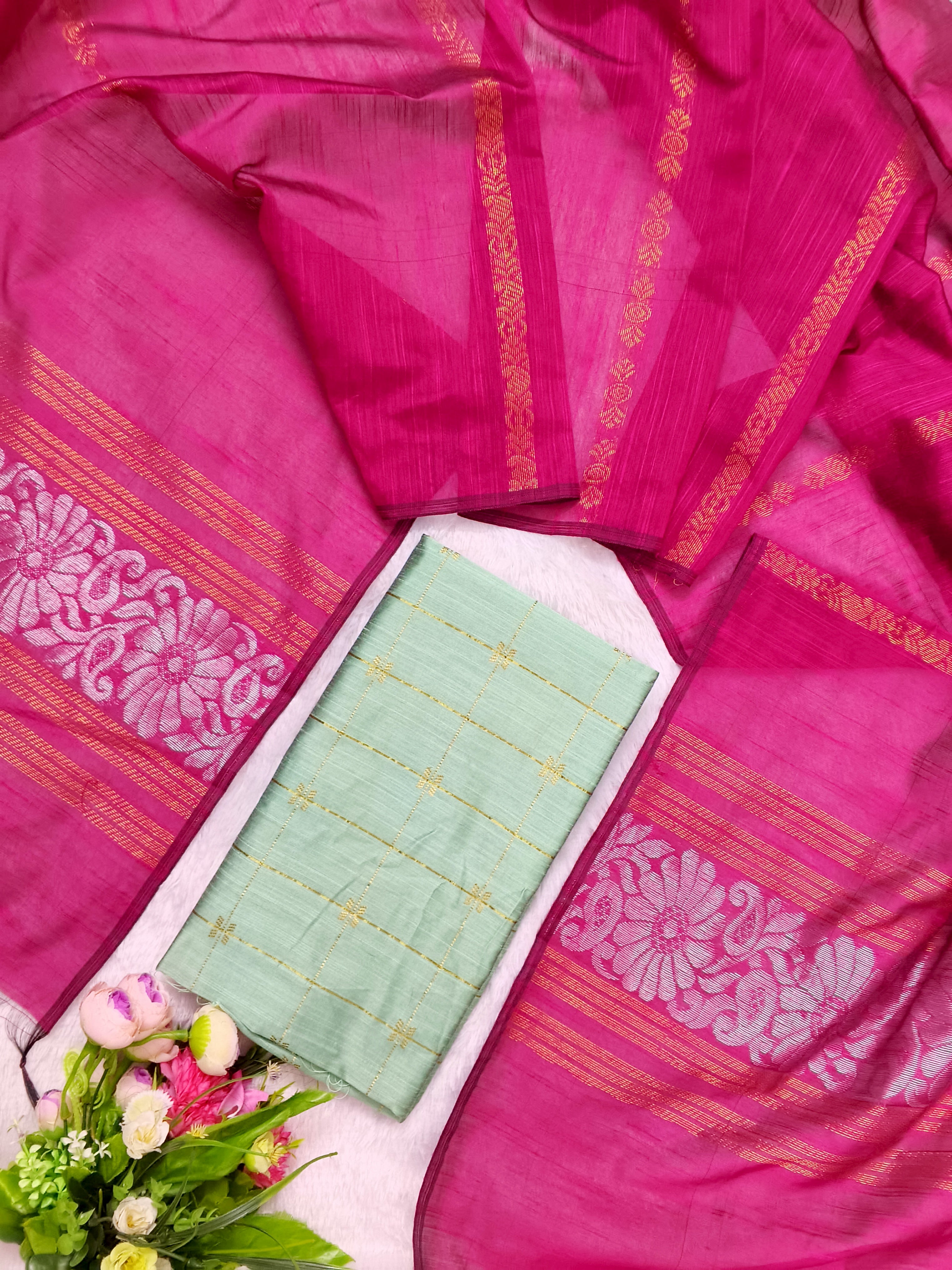 rexona raw silk top with rani pink jamdhani duppata