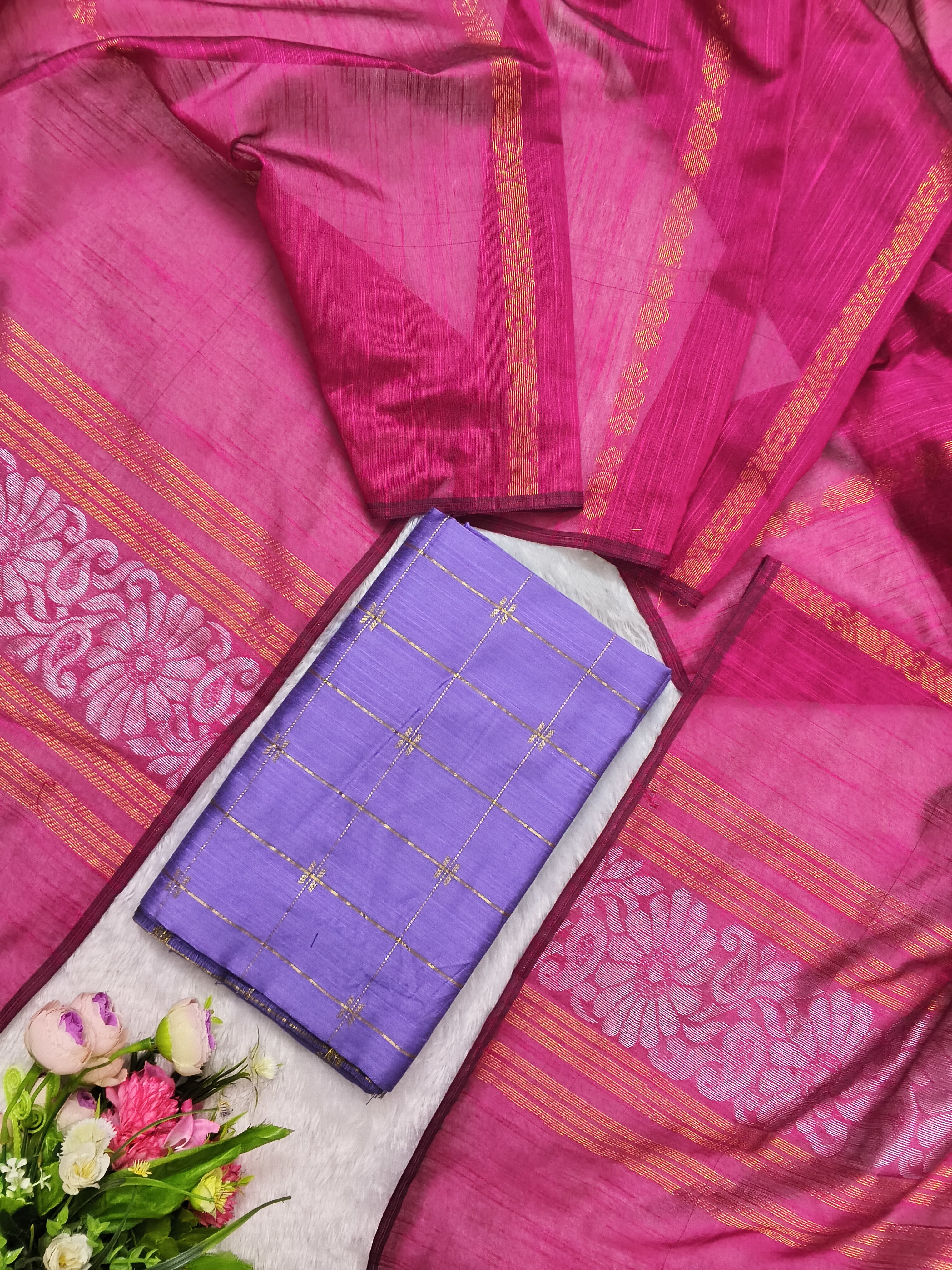 lavendor raw silk top with rani pink jamdhani duppta