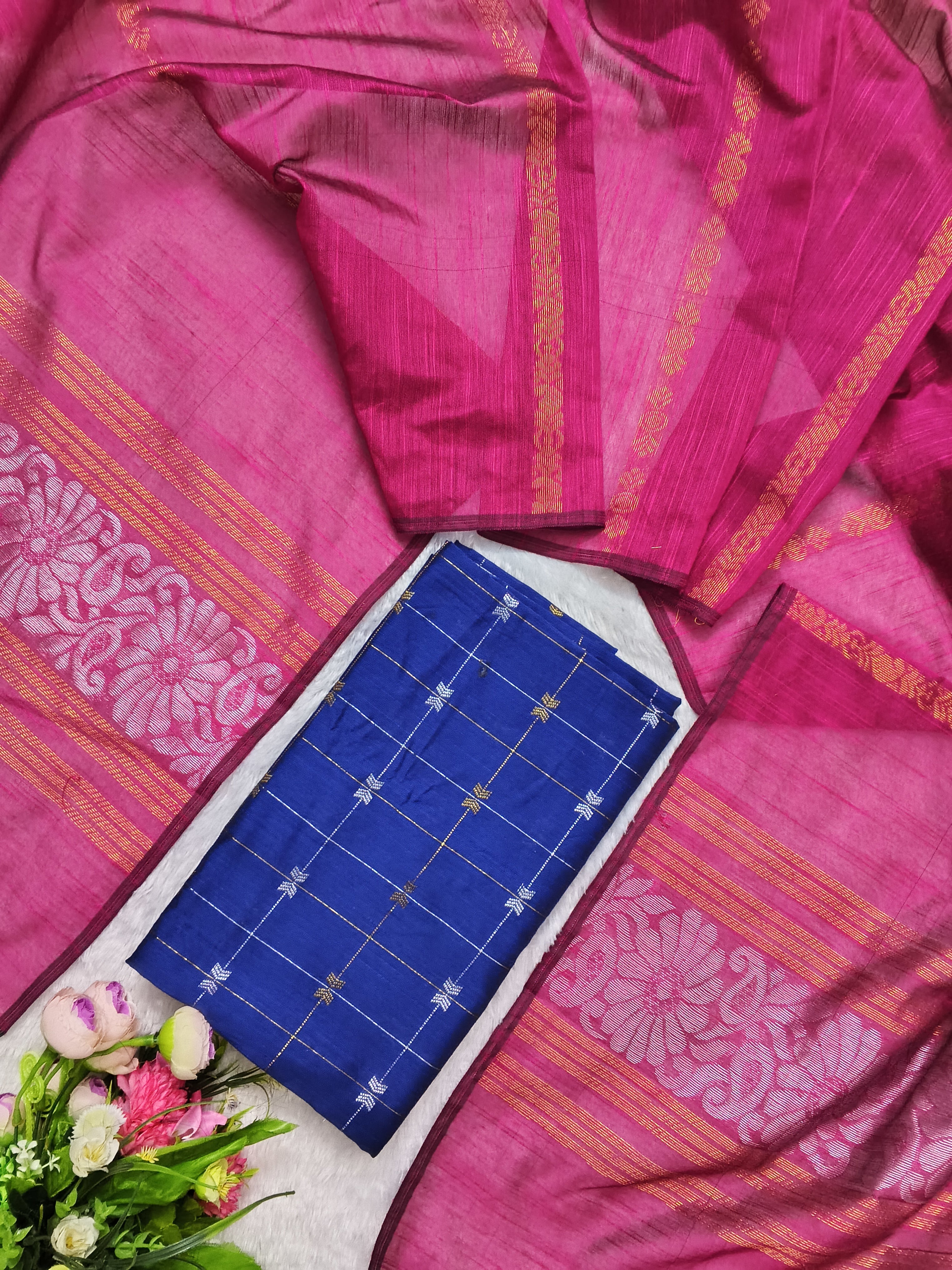 royal blue raw silk top with rani pink jamdhani duppata