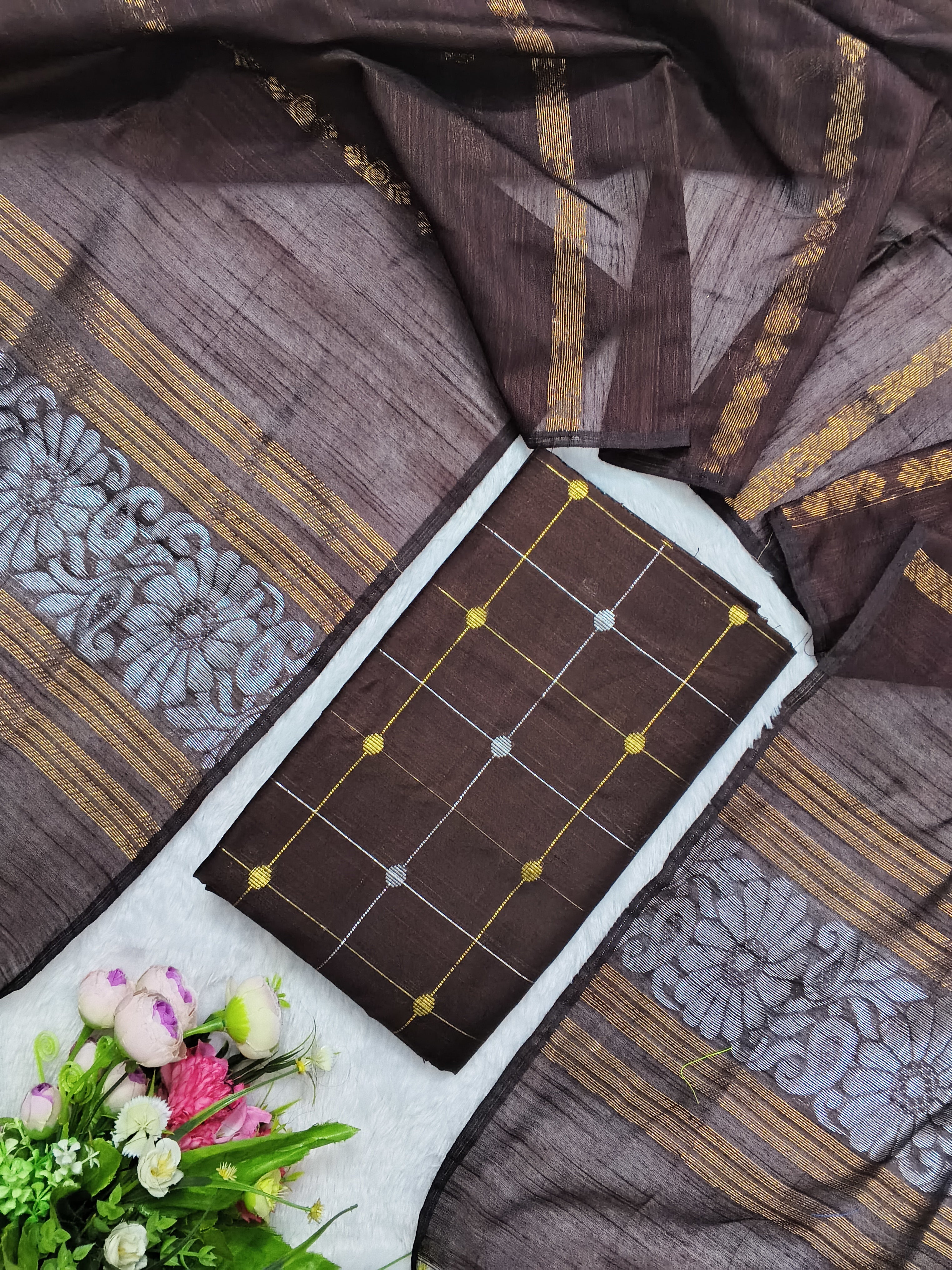 brown raw silk top with brown jamdhaniduppata