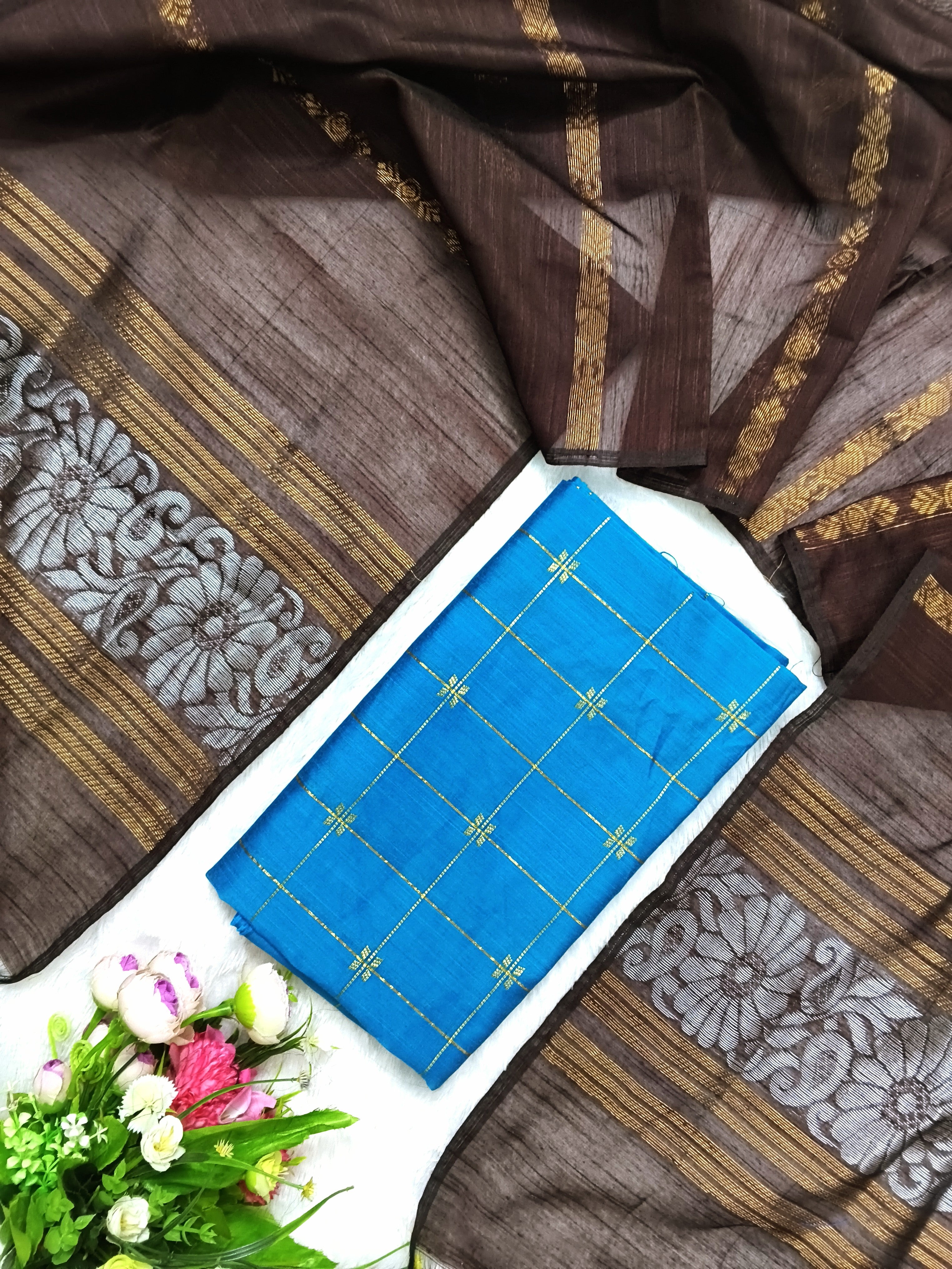 skyblue raw silk top with brown jamdhani duppata