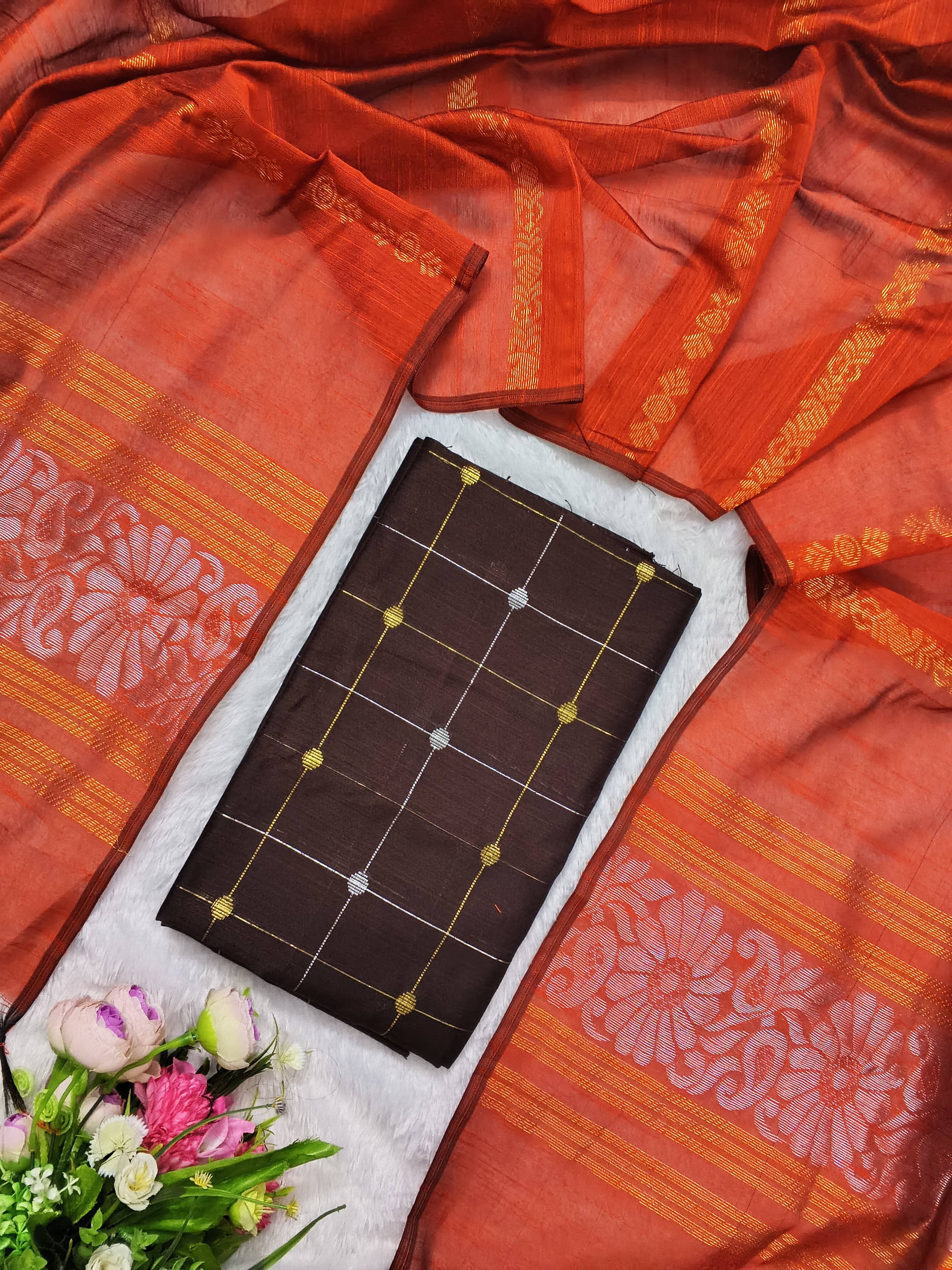 brown raw silk top with orange jadmdhani duppata