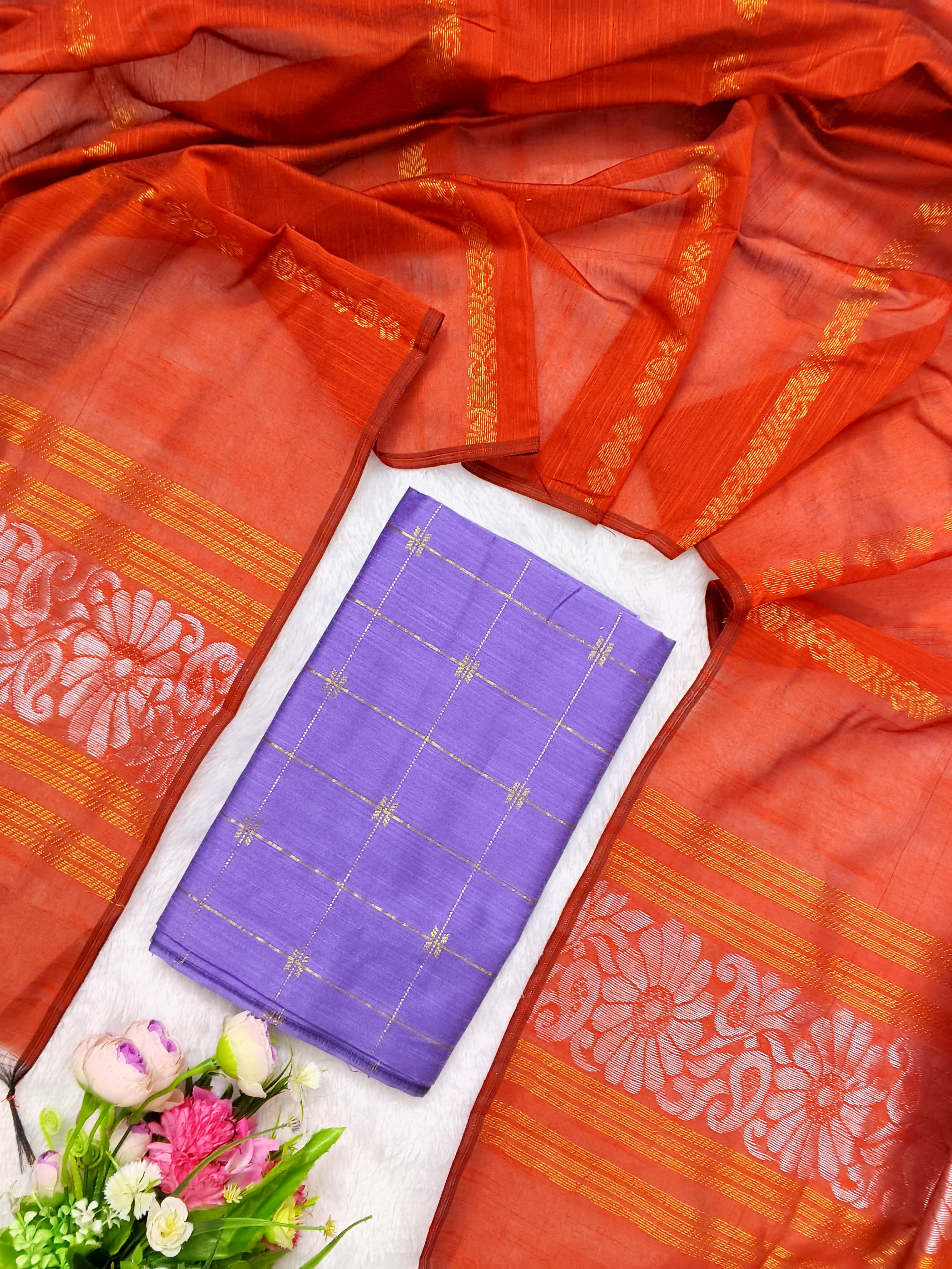 lavendor raw silk top with orange jamdhani duppata