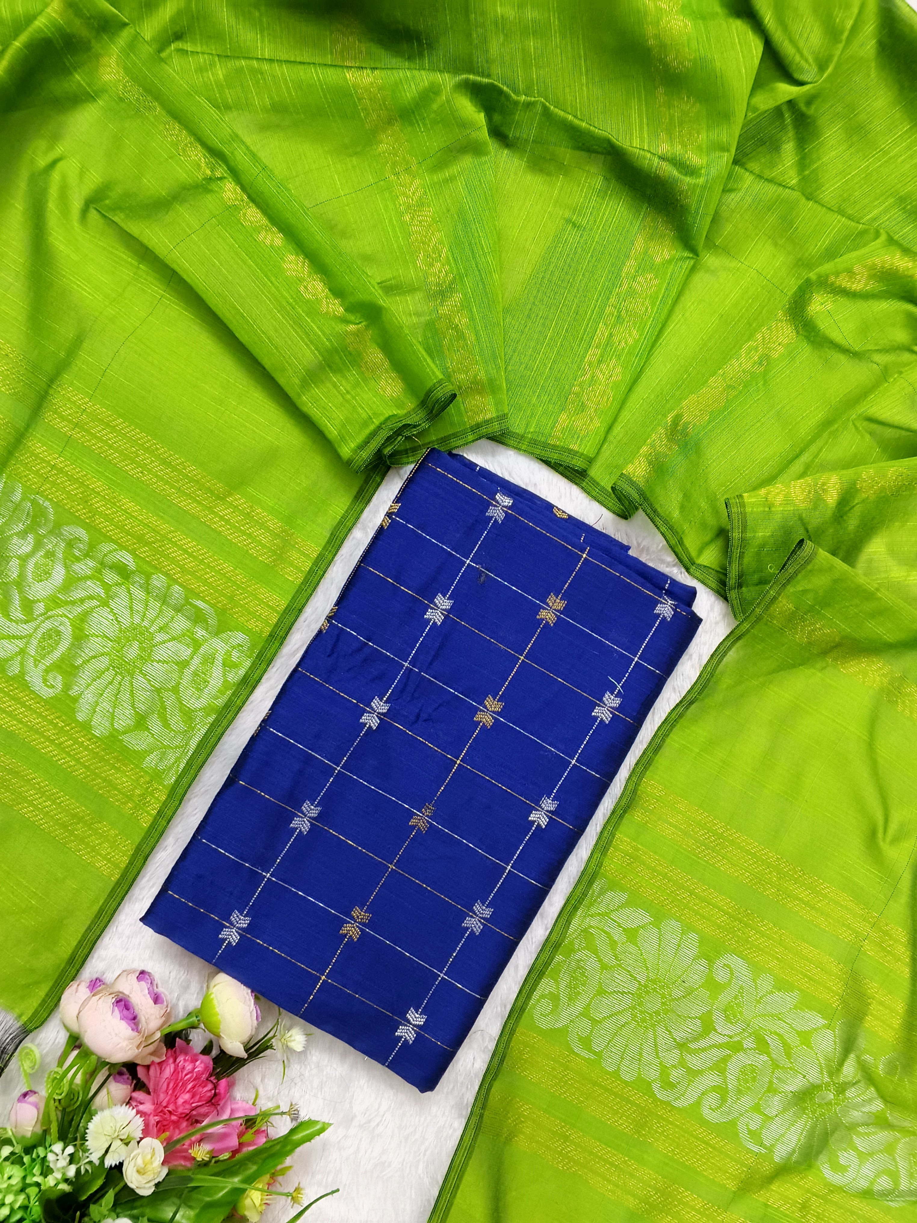 royal blue top with parrot green jamdhani duppata