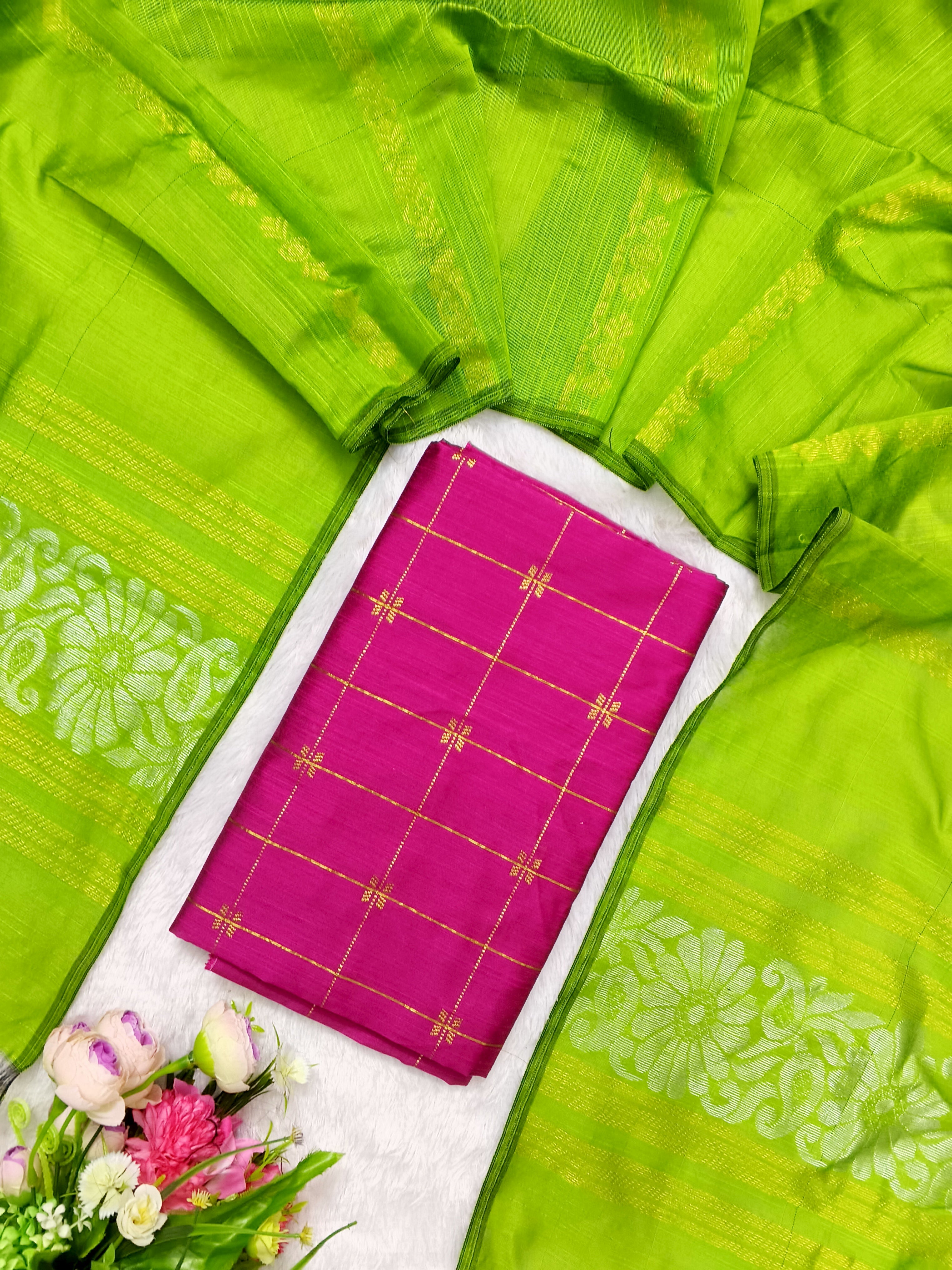 rani pink top with parrot green jamdhani duppata