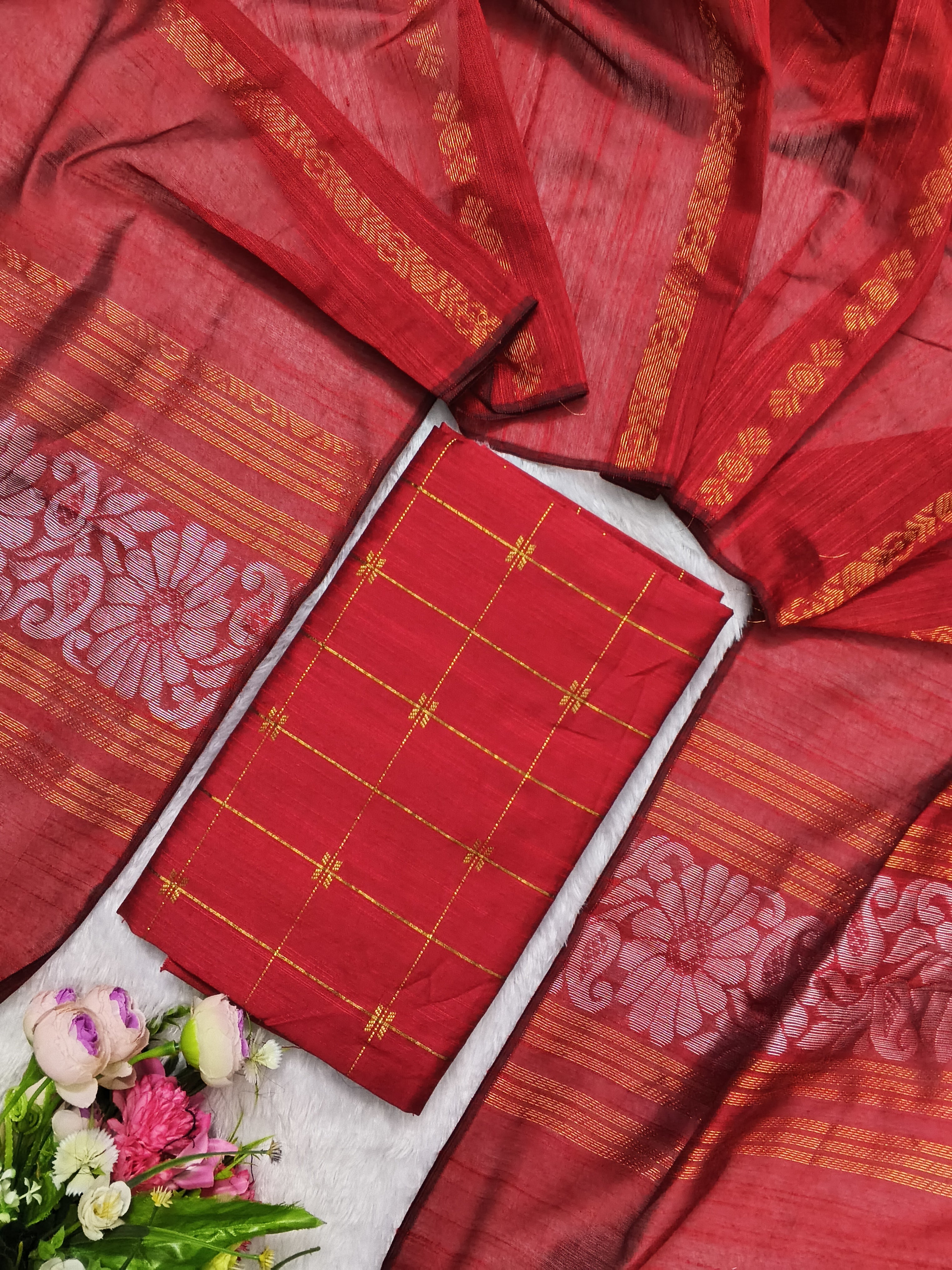 red raw silk top with red jamdhani duppata 2 piece set