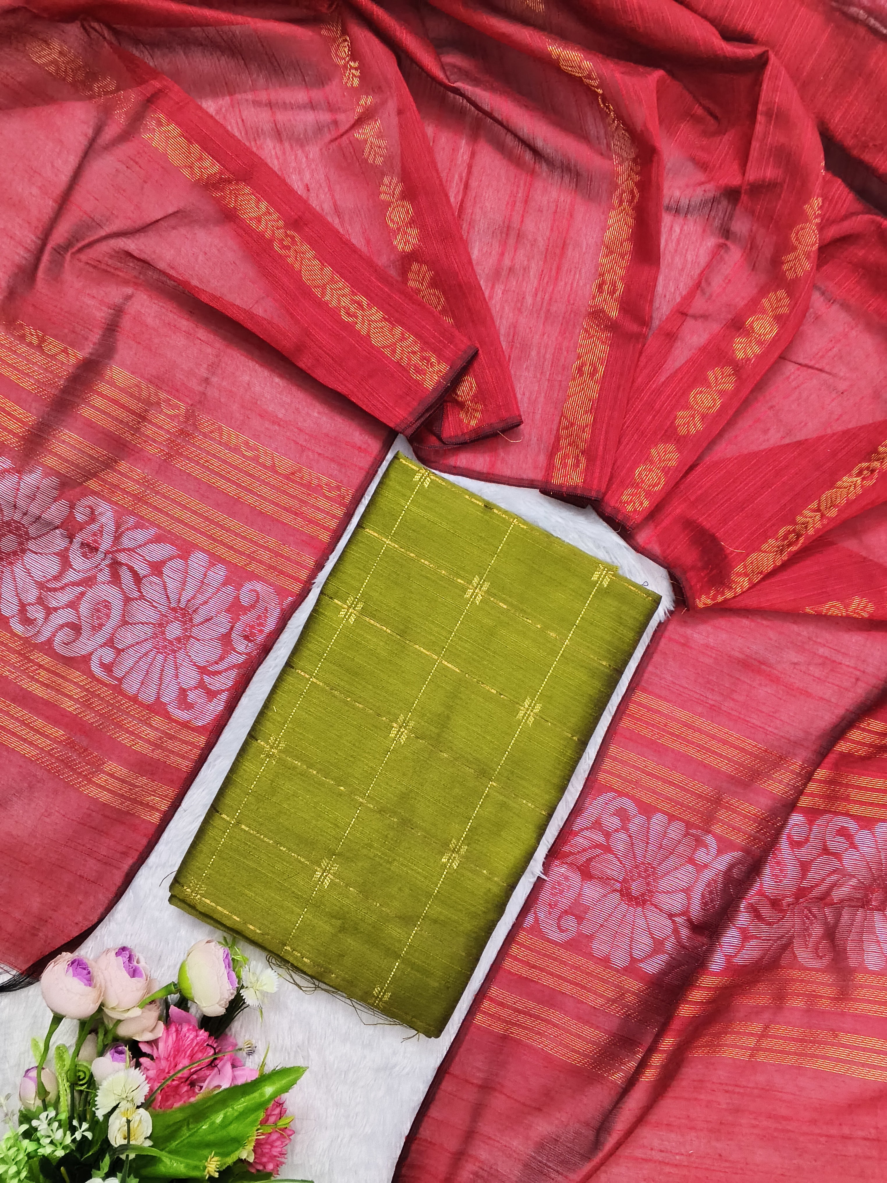 apple green raw silk top with red jamdhani duppata