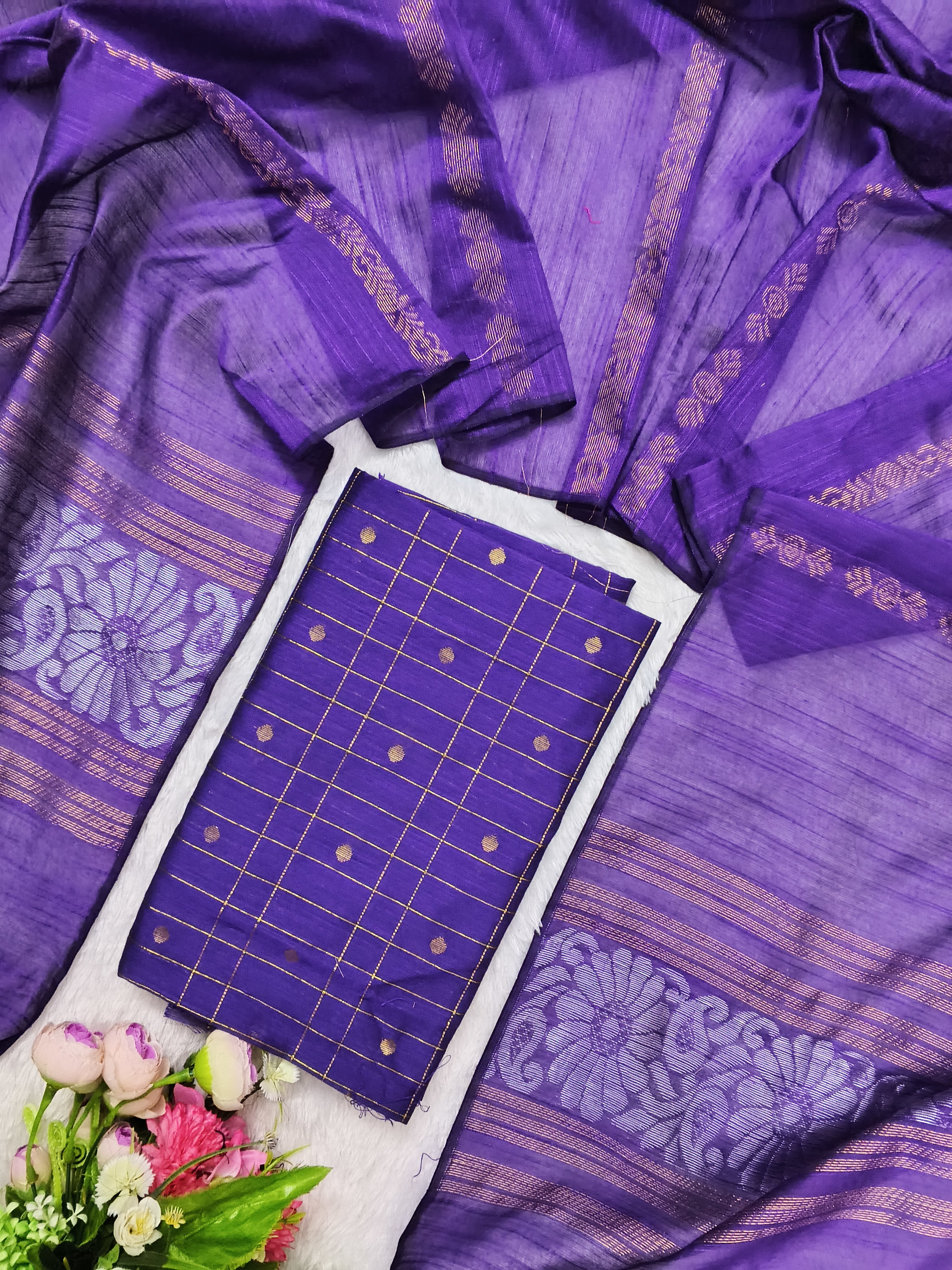 violet raw silk top with violet jamdhani duppata