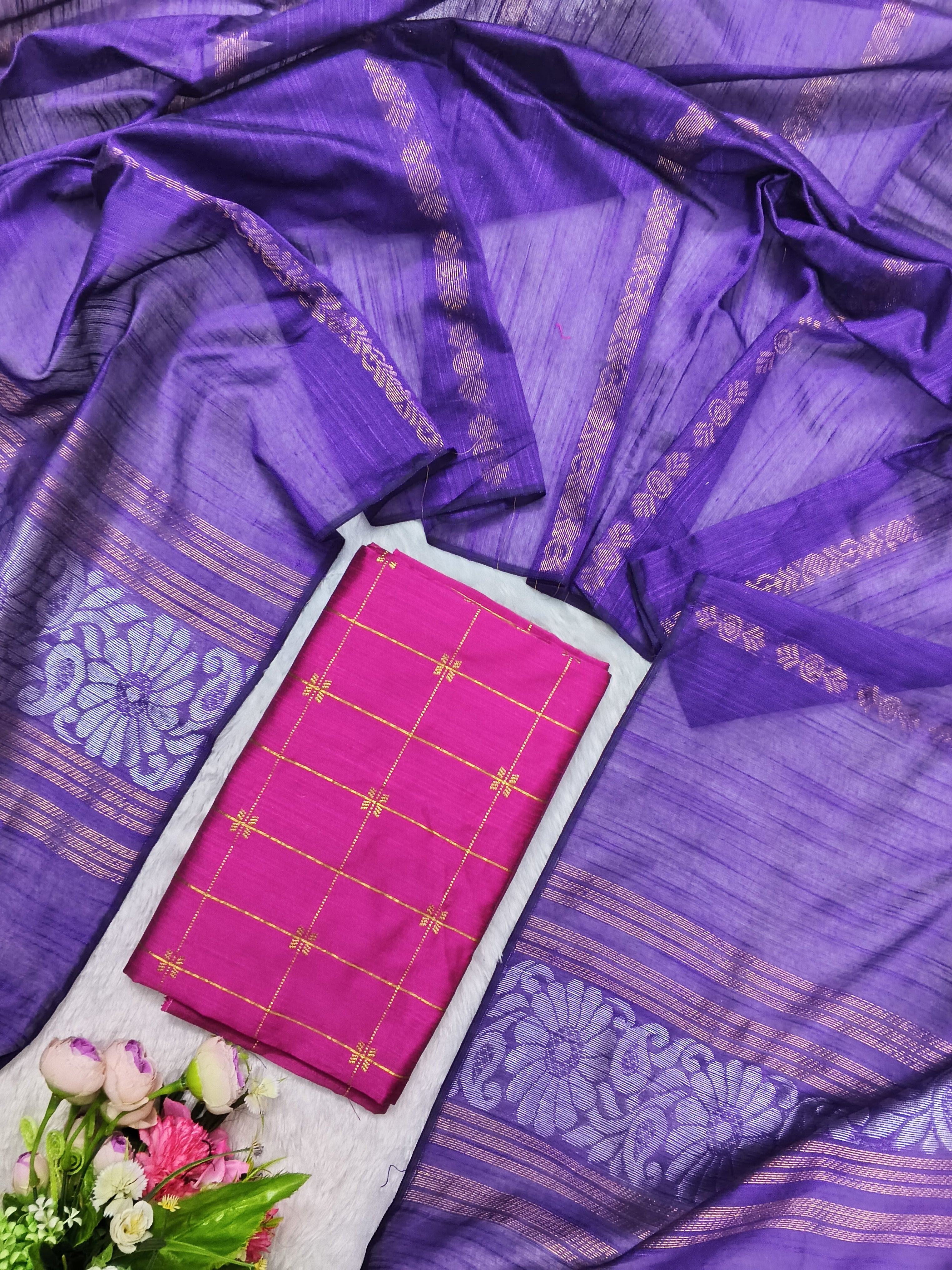 rani pink raw silk top with violet jamdhani duppata 2 piece set