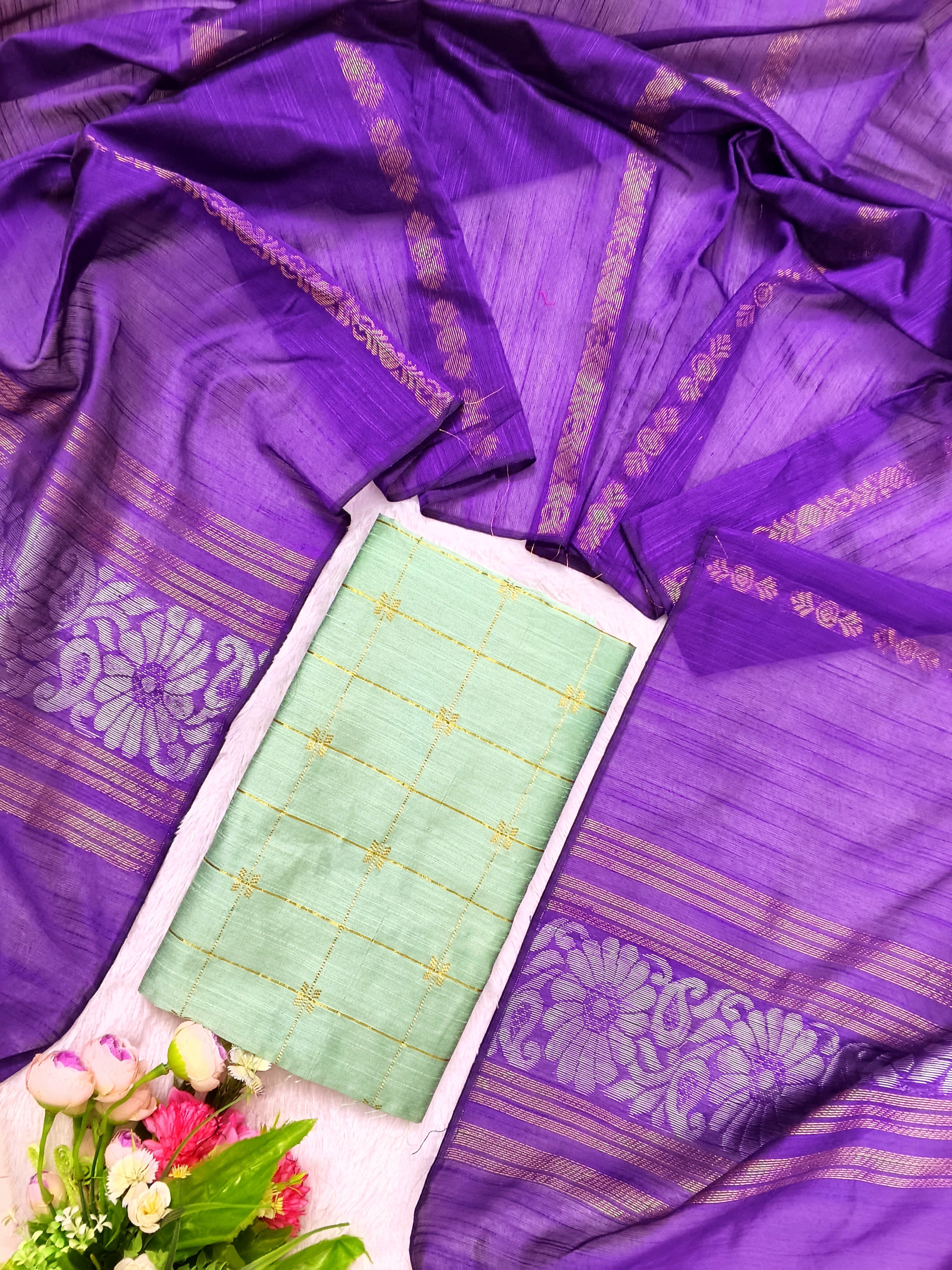 rexona raw silk top with violet jamdhani duppata 2 piece set