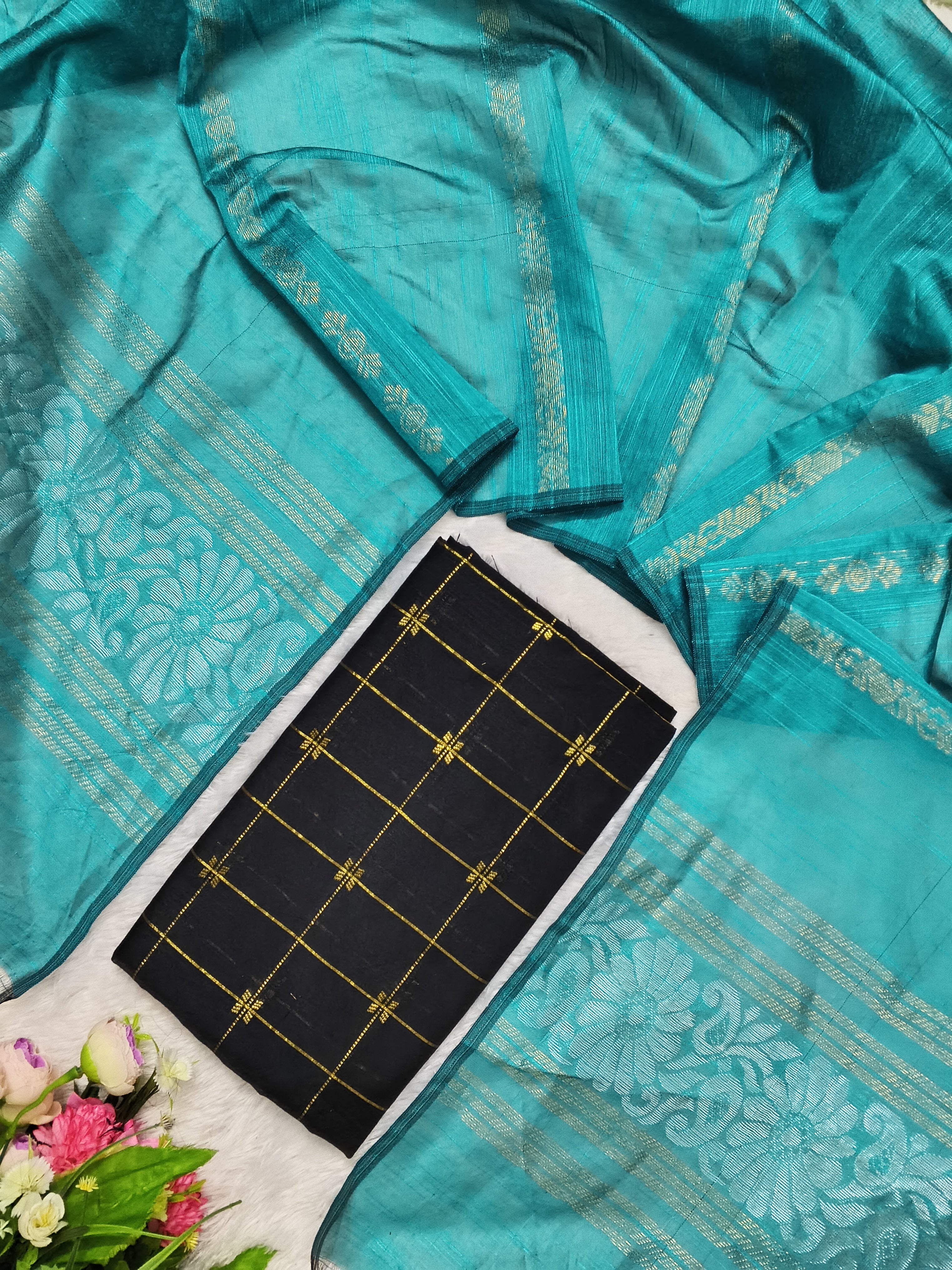 jamdhani duppata (teel blue)  with raw silk top