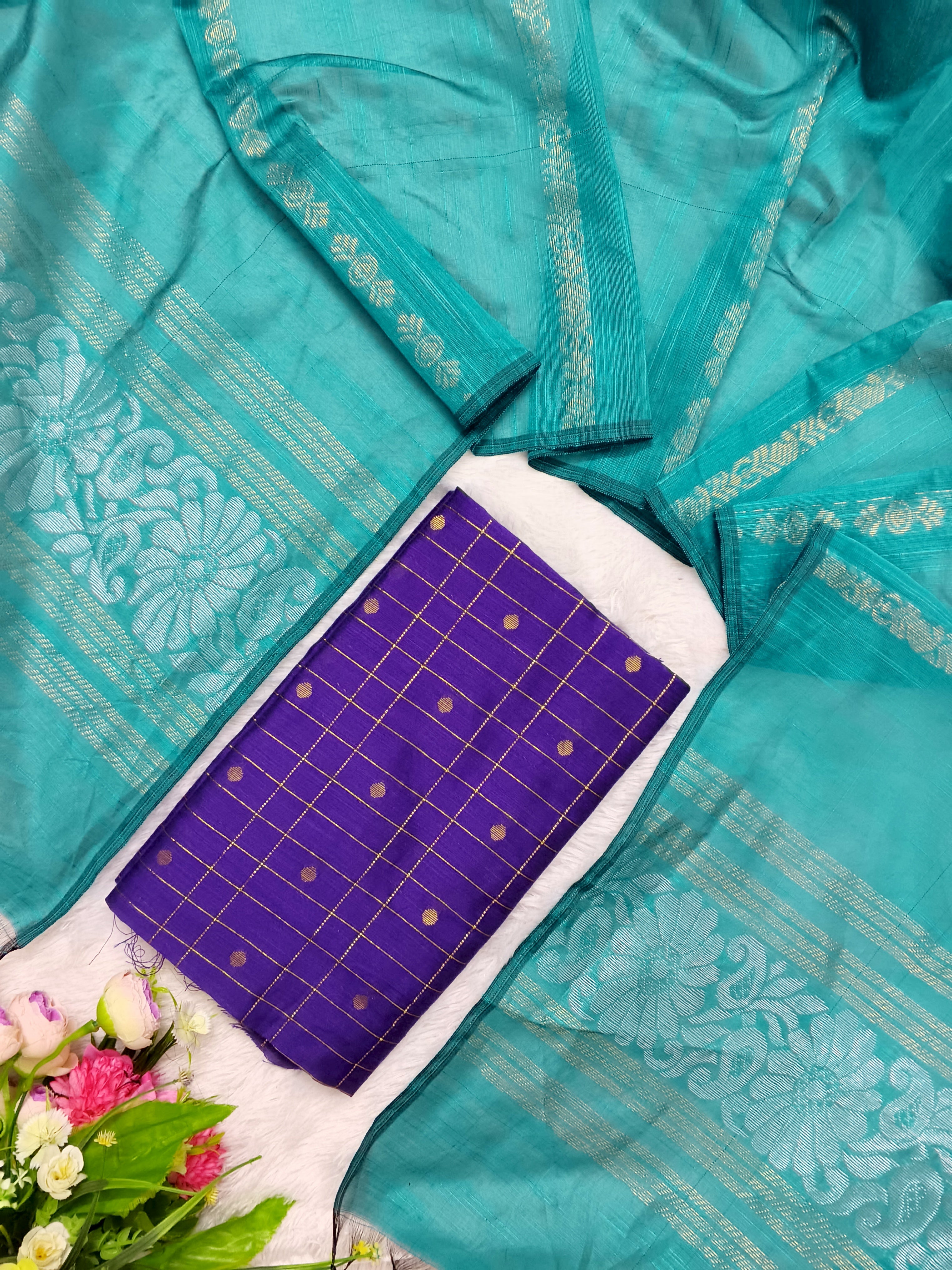 violet raw silk top with teel blue jamdhani duppata