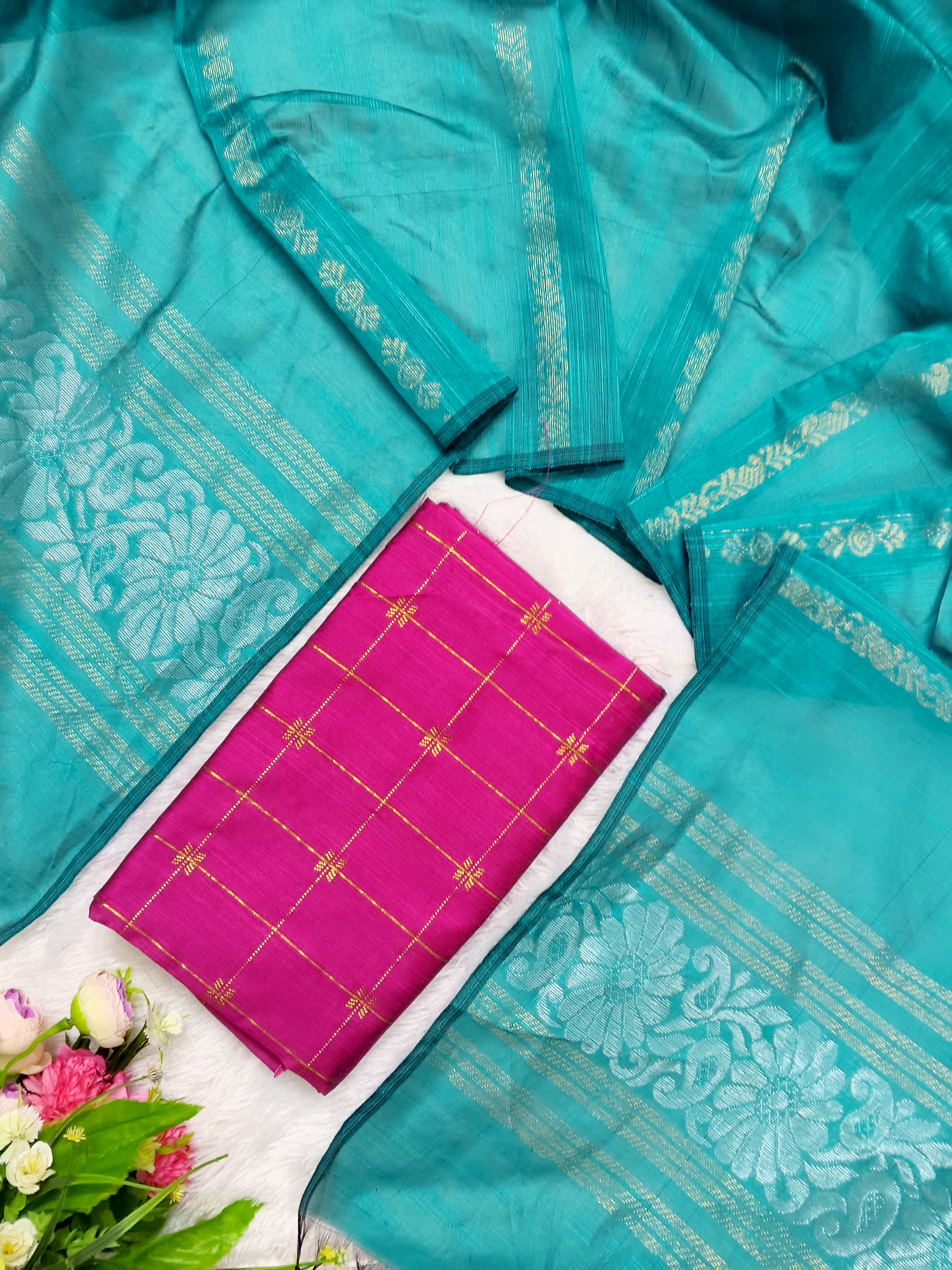 jamdhani duppata (teel blue)  with raw silk top