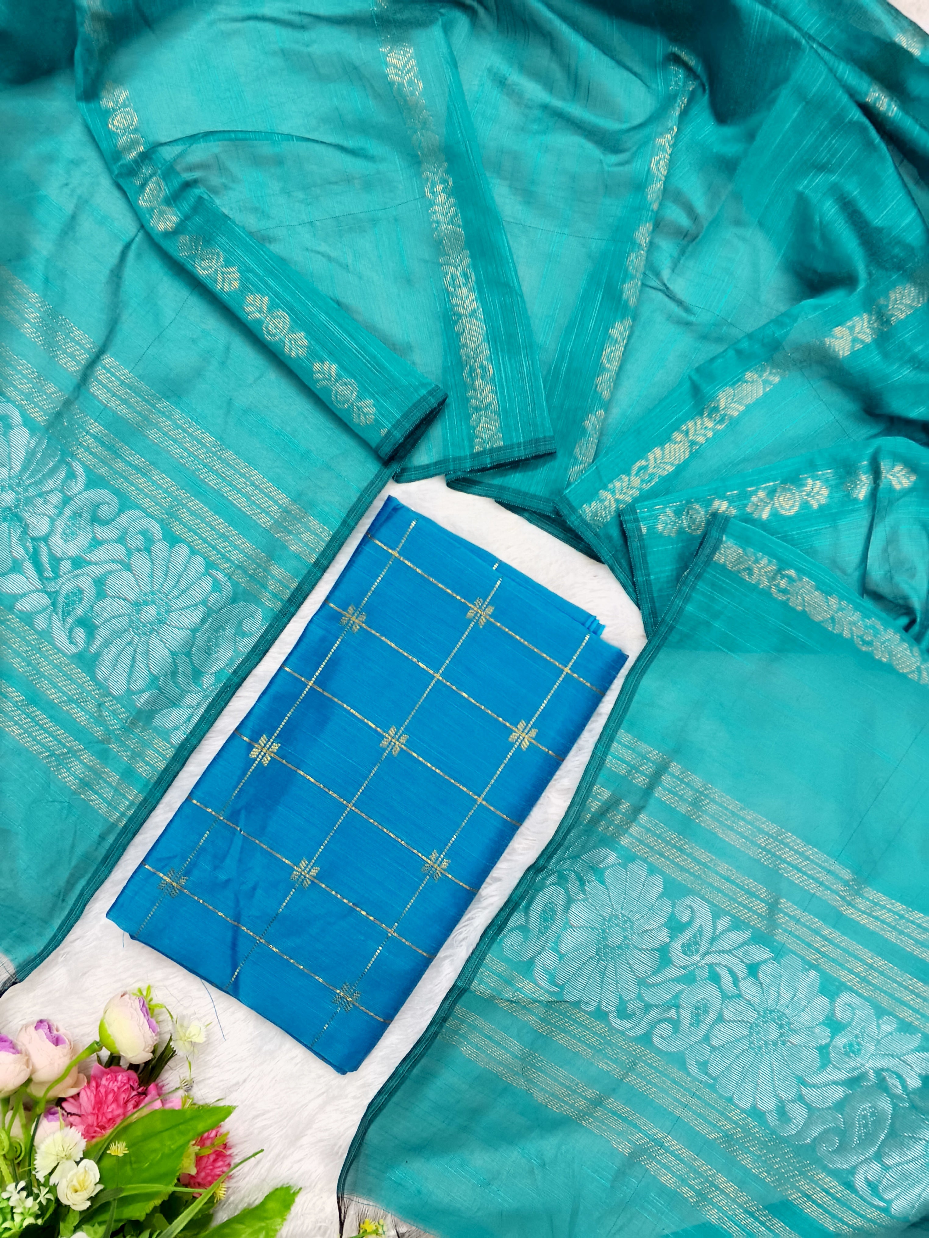 jamdhani duppata (teel blue)  with raw silk top