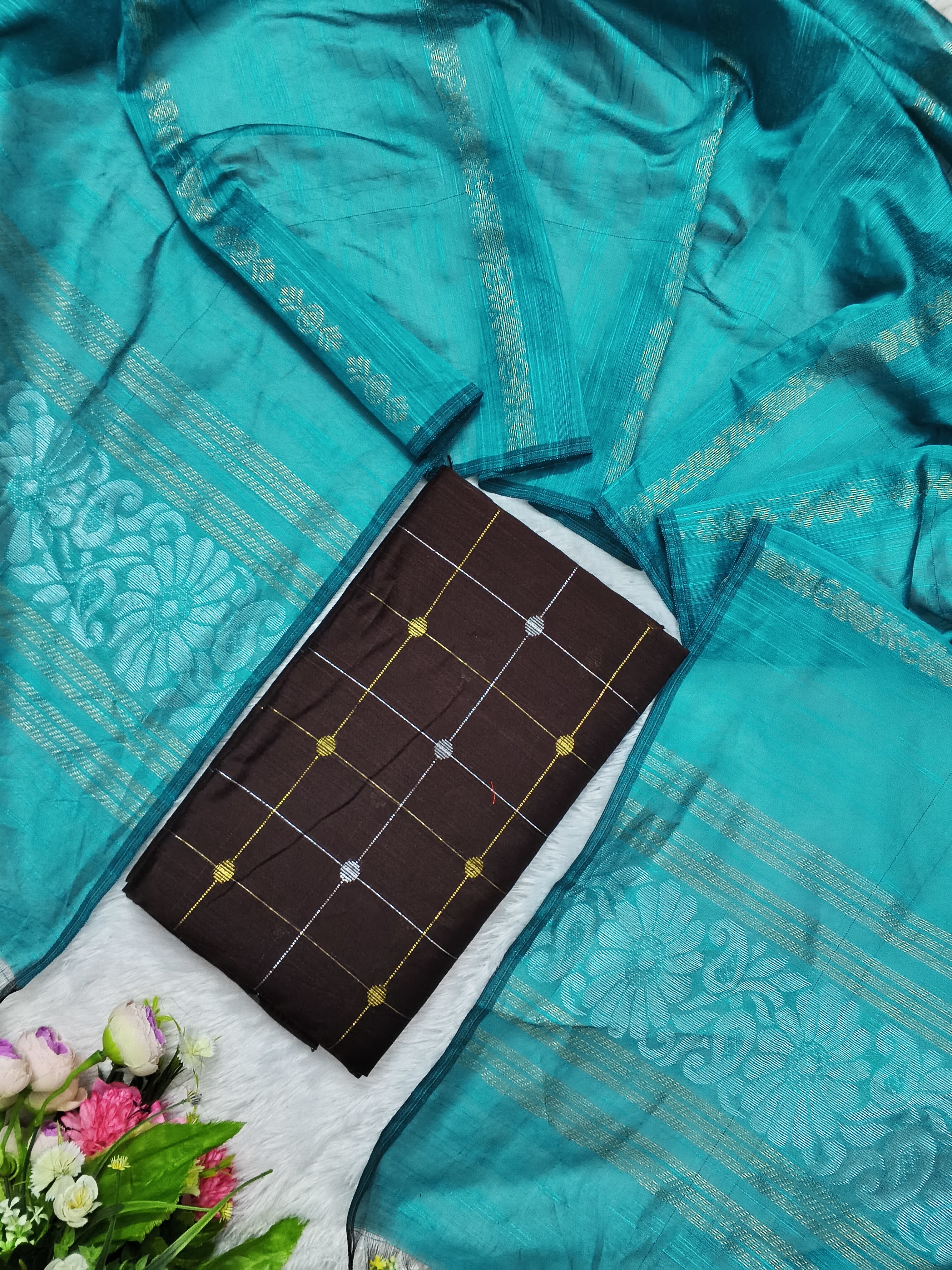 jamdhani duppata (teel blue)  with raw silk top