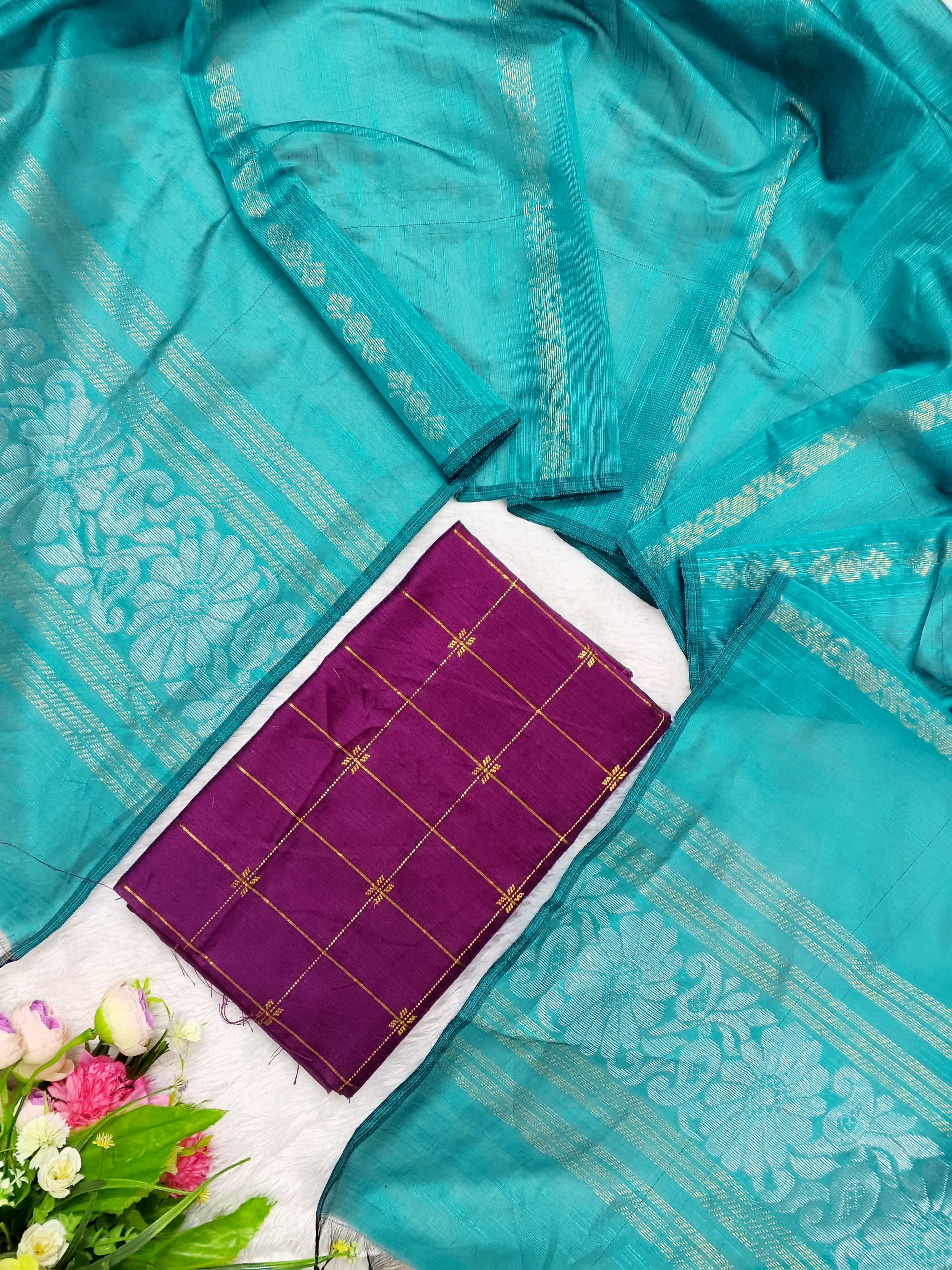 jamdhani duppata (teel blue)  with raw silk top