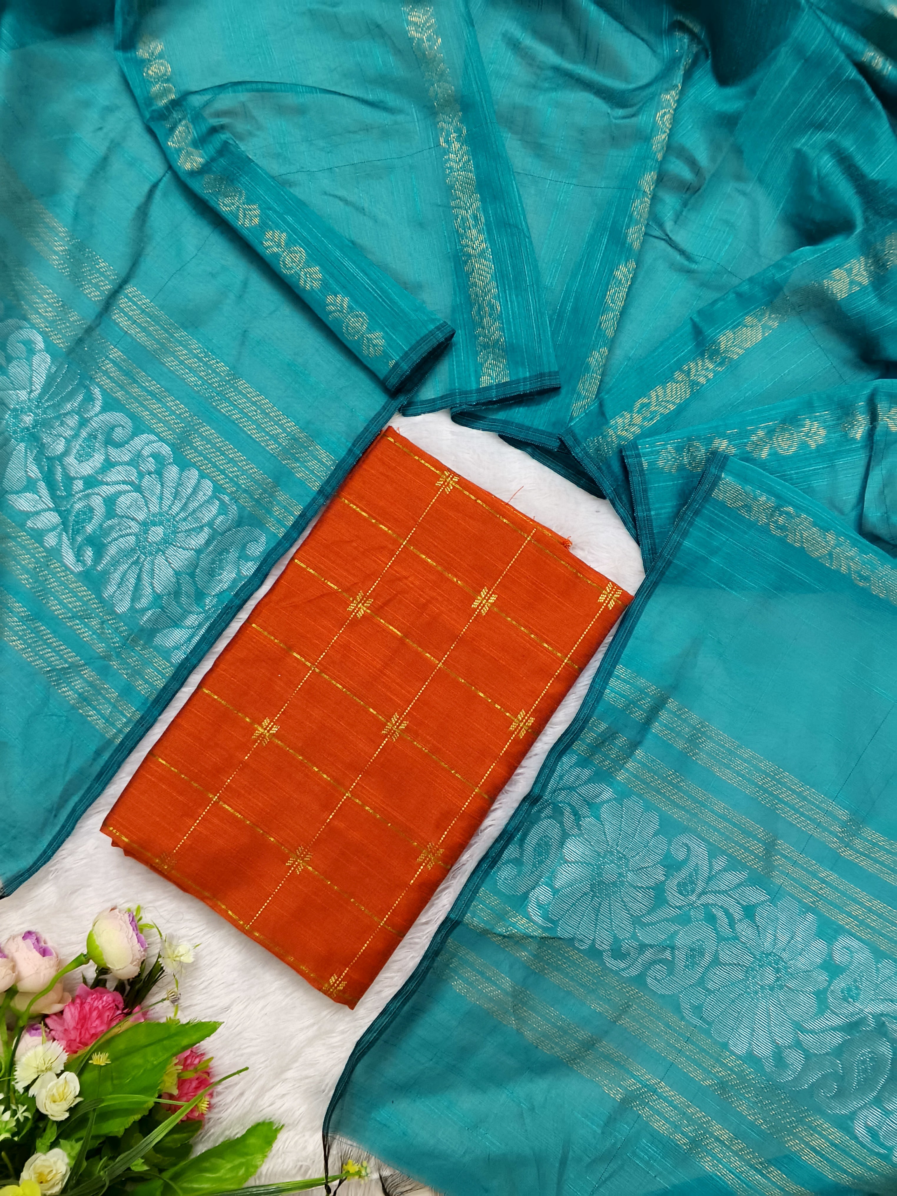 jamdhani duppata (teel blue)  with raw silk top