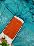 orange raw silk top with teel blue jamdhani duppata 2 piece set