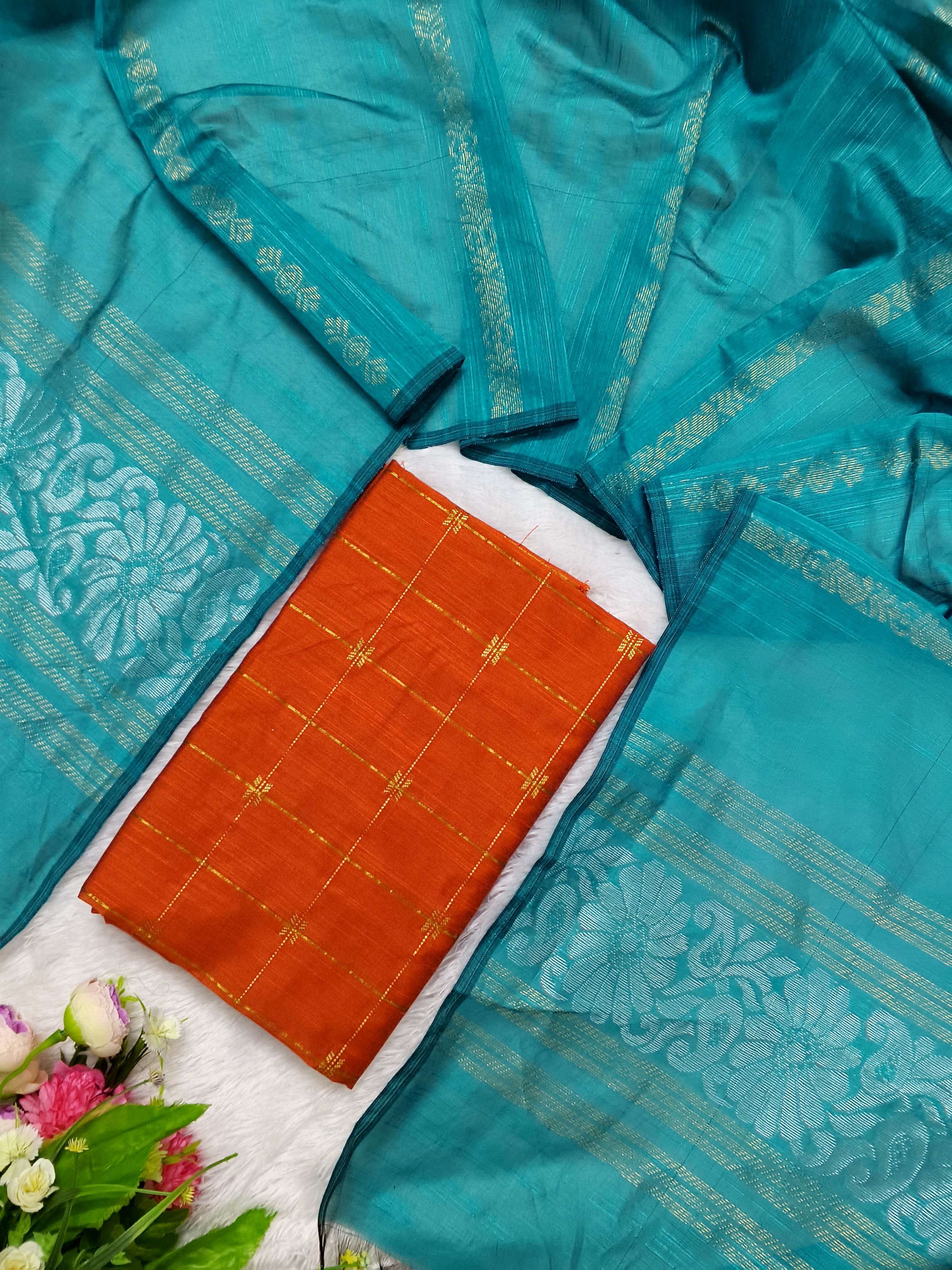 orange raw silk top with teel blue jamdhani duppata 2 piece set